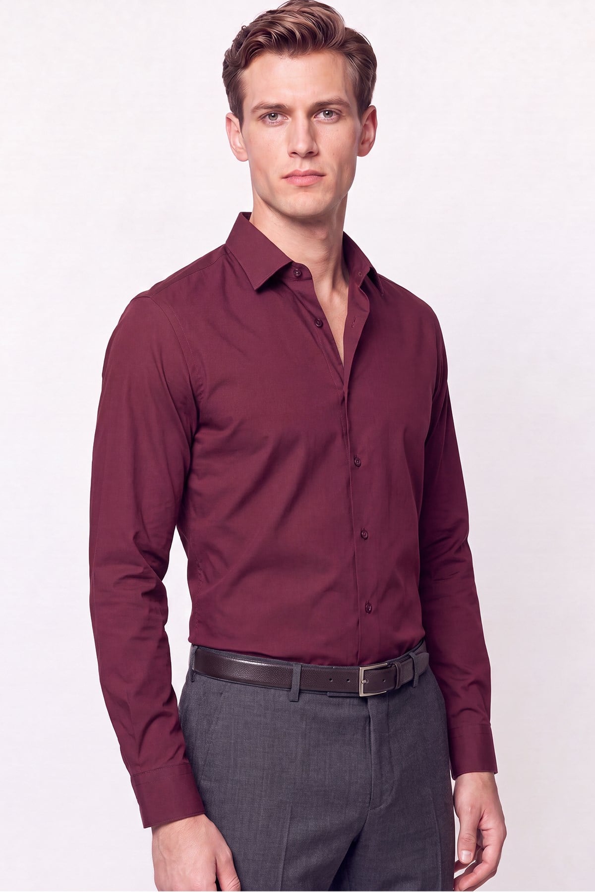 Slim Fit  Pamuklu Bordo Gömlek G 1607  