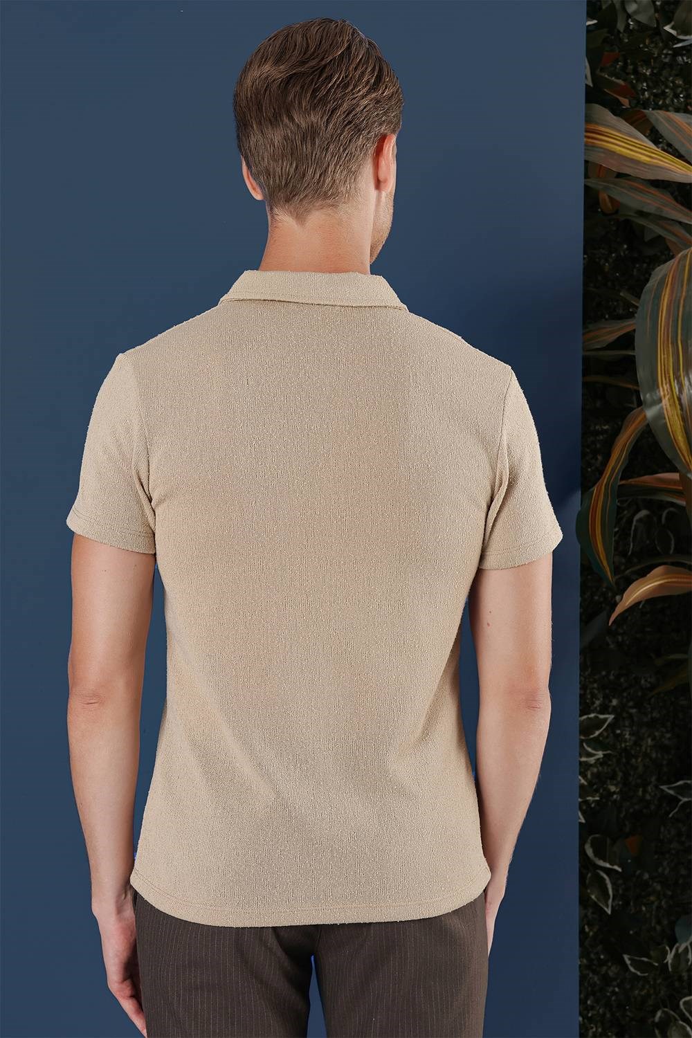 Slim Fit Pamuklu Fermuarlı Polo Yaka Bej Tişört Ts 871