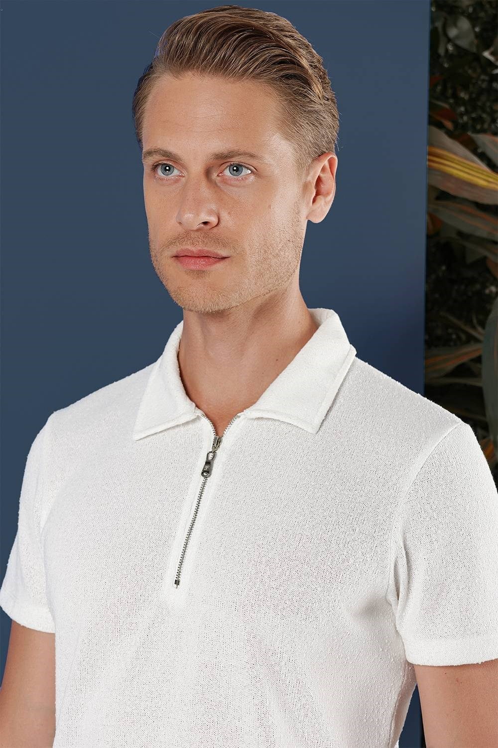 Slim Fit Pamuklu Fermuarlı Polo Yaka Ekru Tişört Ts 871