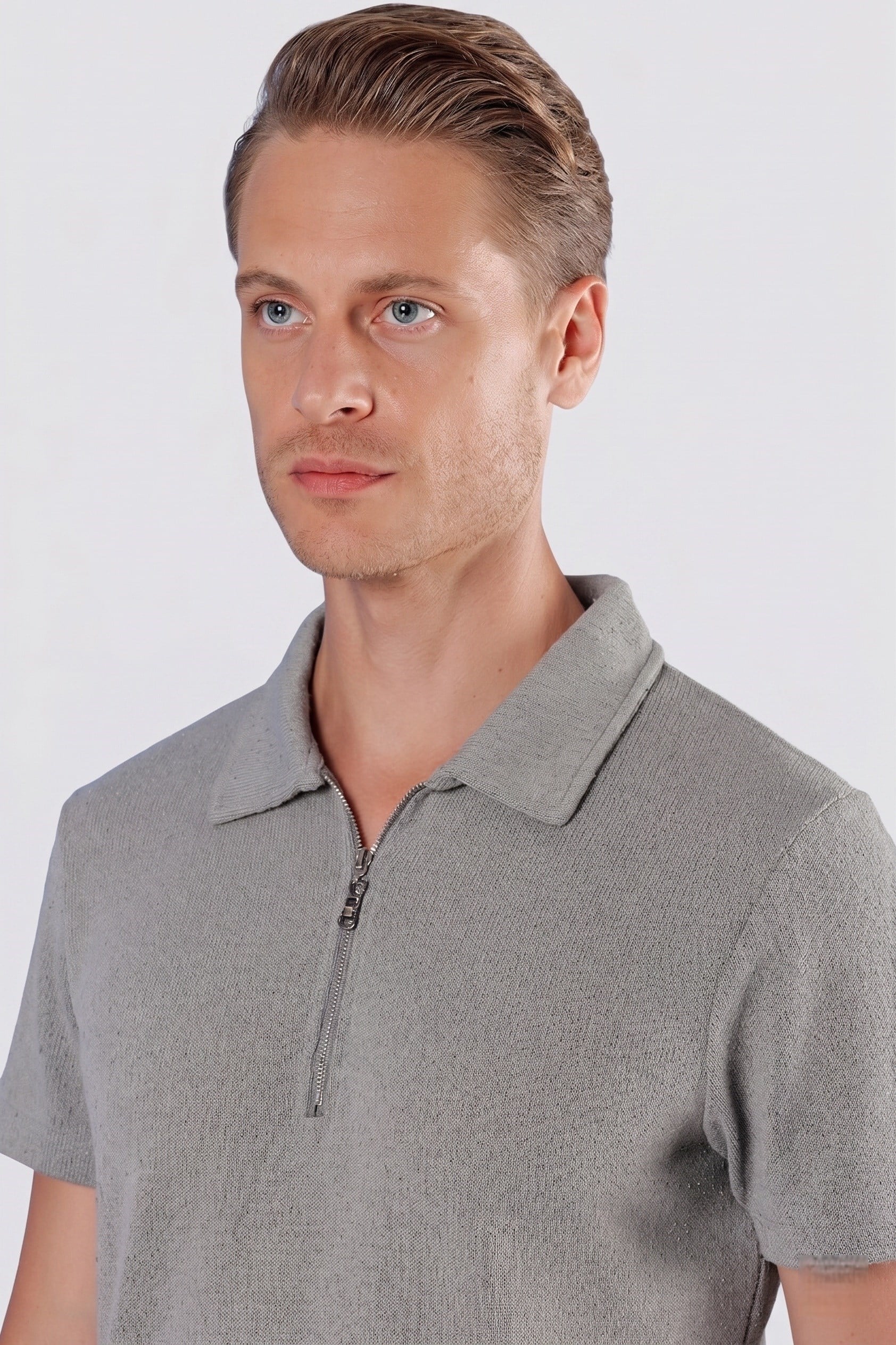 Slim Fit Pamuklu Fermuarlı Polo Yaka Gri Tişört Ts 871
