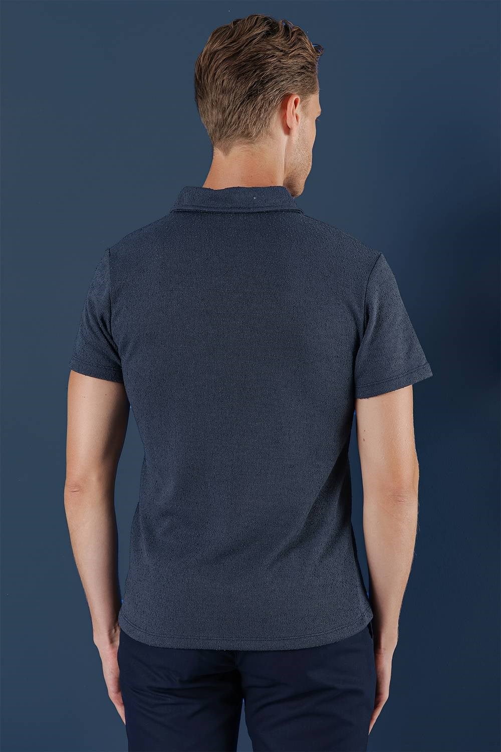 Slim Fit Pamuklu Fermuarlı Polo Yaka İndigo Tişört Ts 871