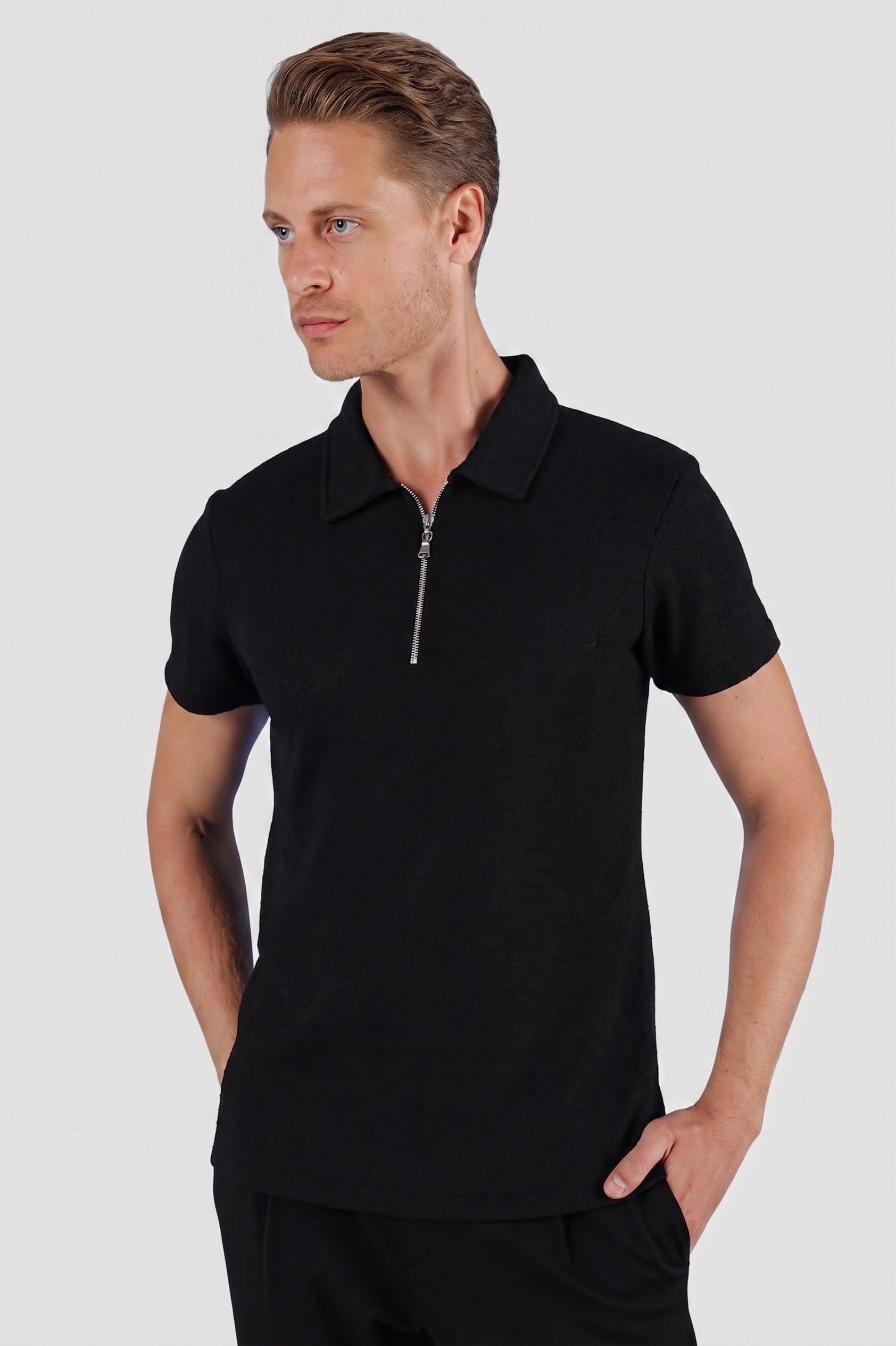 Slim Fit Pamuklu Fermuarlı Polo Yaka Siyah Tişört Ts 871