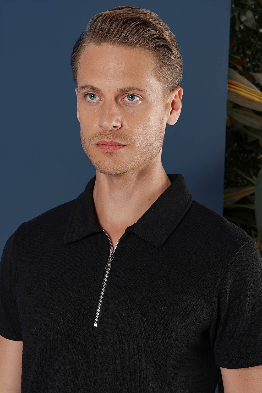 Slim Fit Pamuklu Fermuarlı Polo Yaka Siyah Tişört Ts 871