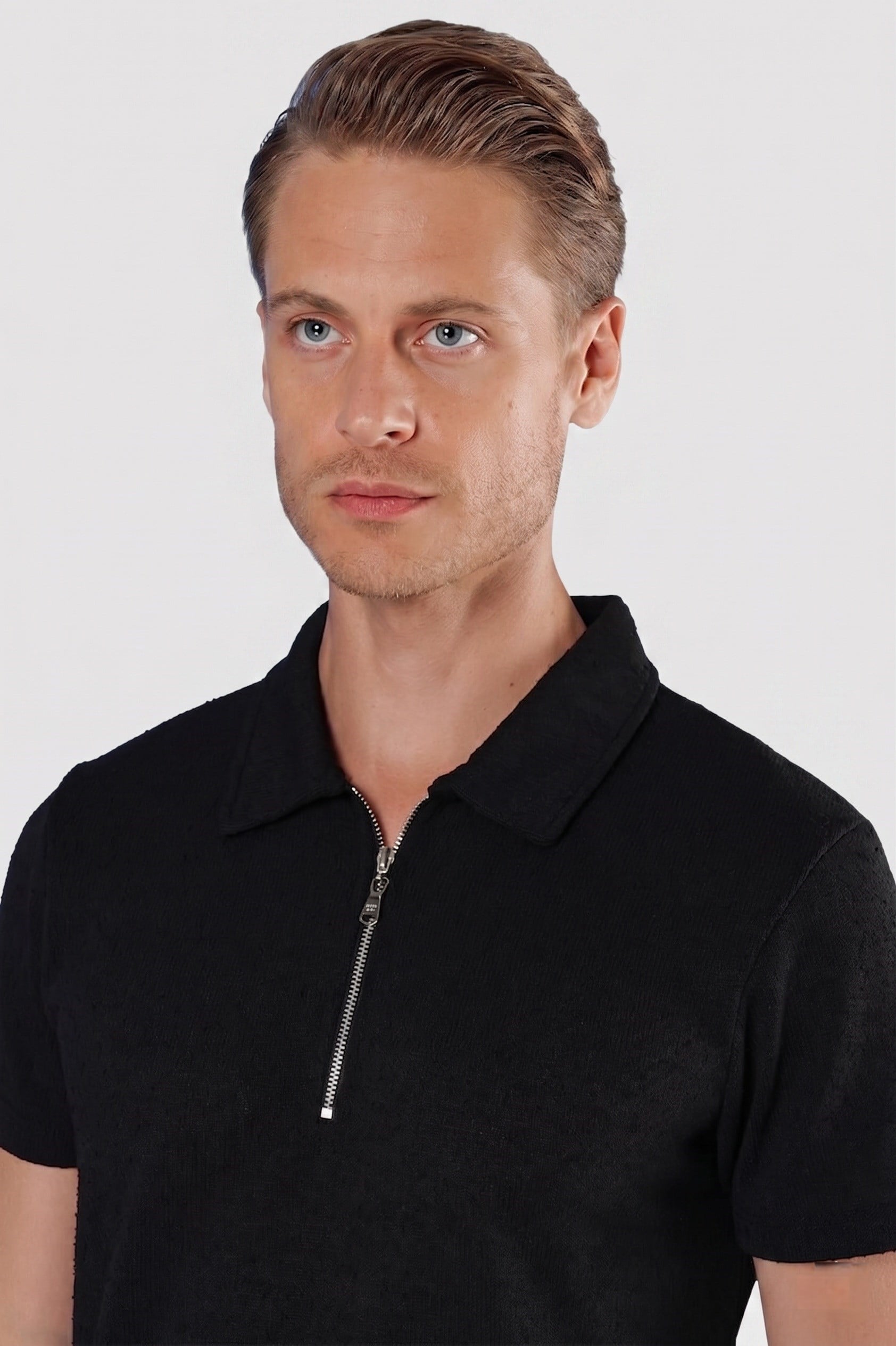Slim Fit Pamuklu Fermuarlı Polo Yaka Siyah Tişört Ts 871