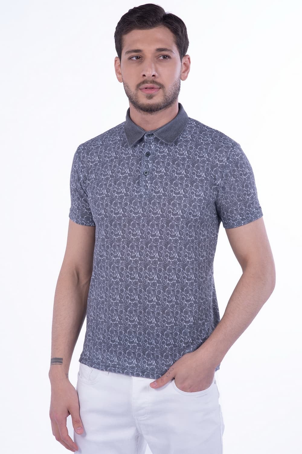 Slim Fit Pamuklu Karma Desenli Siyah Polo Yaka Tişört TS 799