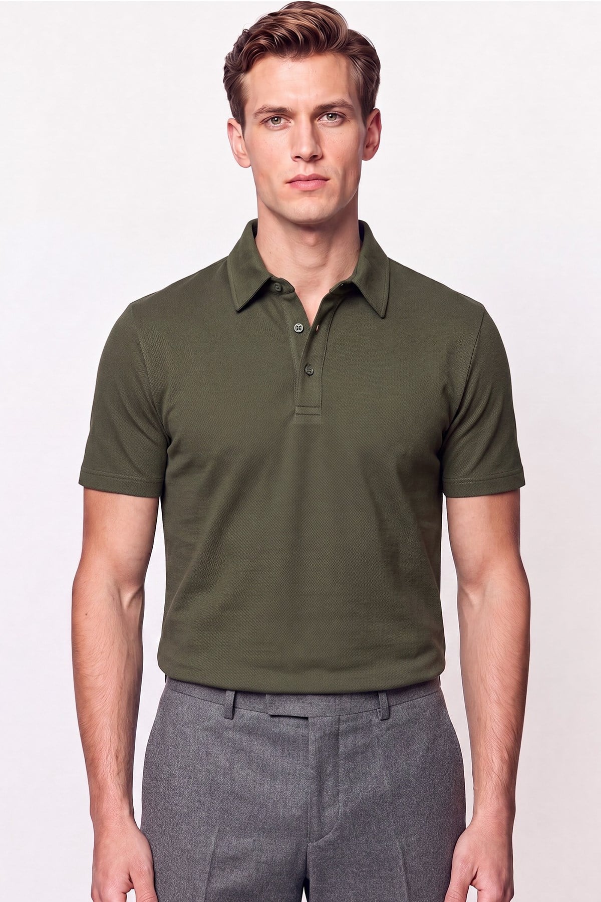 Slim Fit Pamuklu Kıvrılmaz Polo Yaka Haki Tişört TS 928