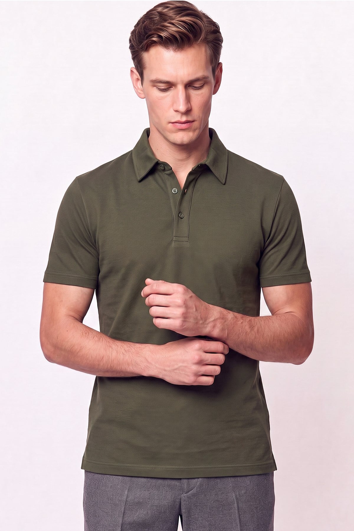 Slim Fit Pamuklu Kıvrılmaz Polo Yaka Haki Tişört TS 928