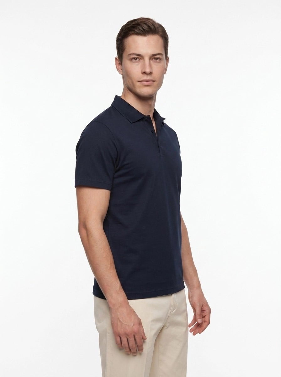 Slim Fit Pamuklu Kıvrılmaz Polo Yaka Lacivert Tişört TS 928