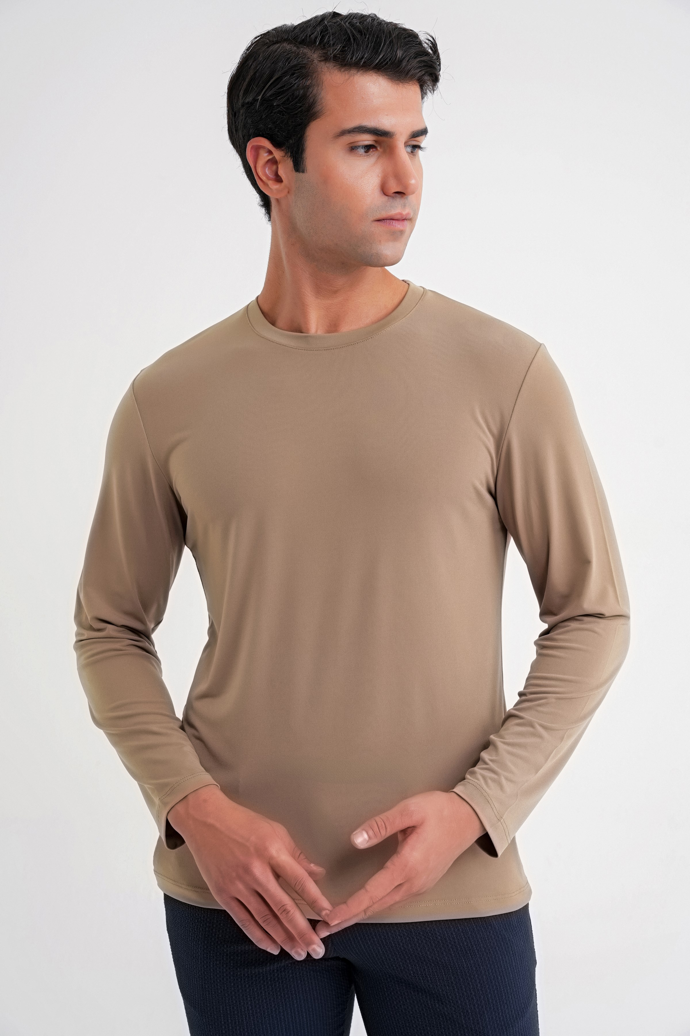 Slim Fit Pamuklu Kumaş Uzun Kollu Vizon Tişört TS 917