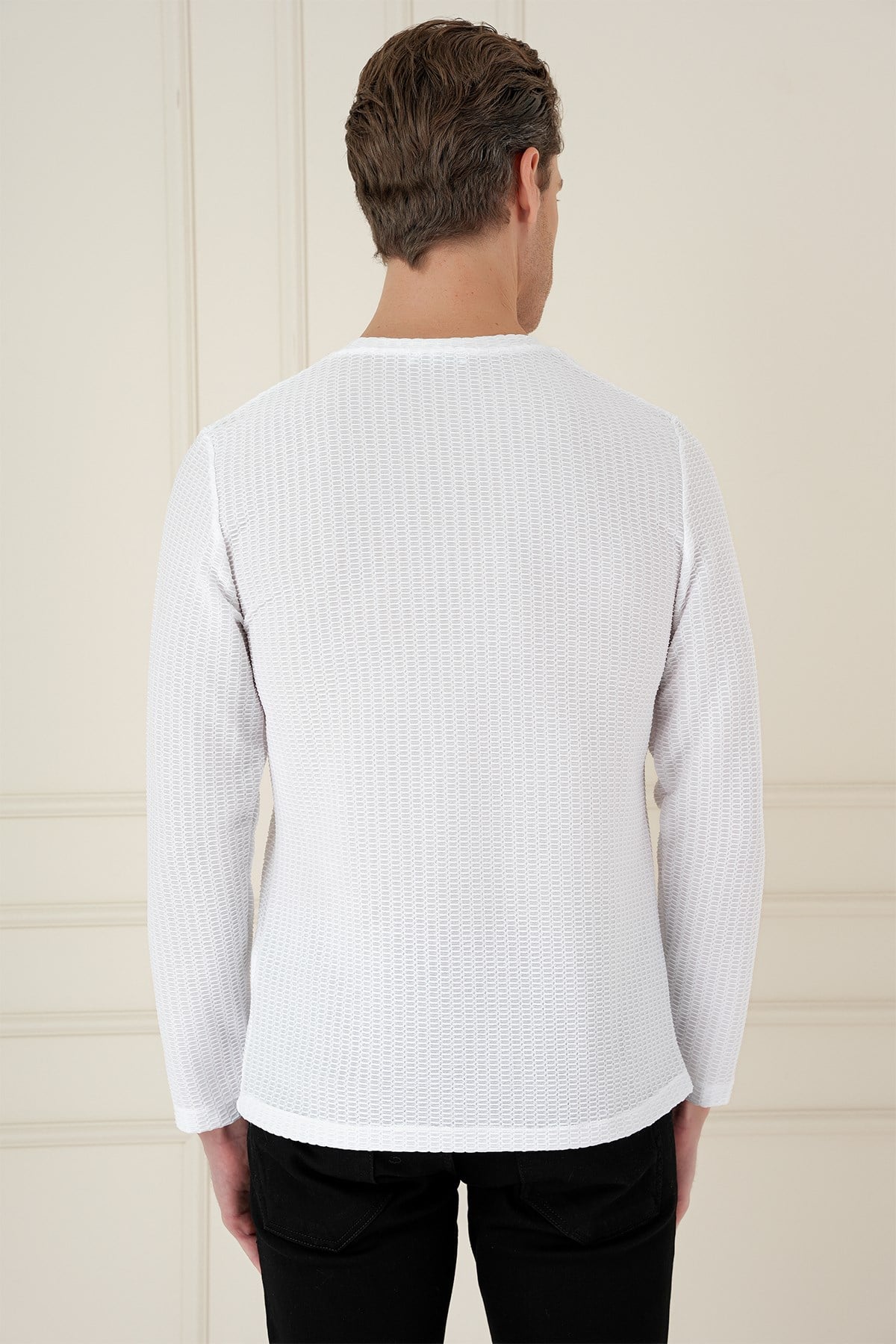 Slim Fit Pamuklu Petek Dokuma Uzun Kollu Polo Yaka Beyaz Tişört TS 891