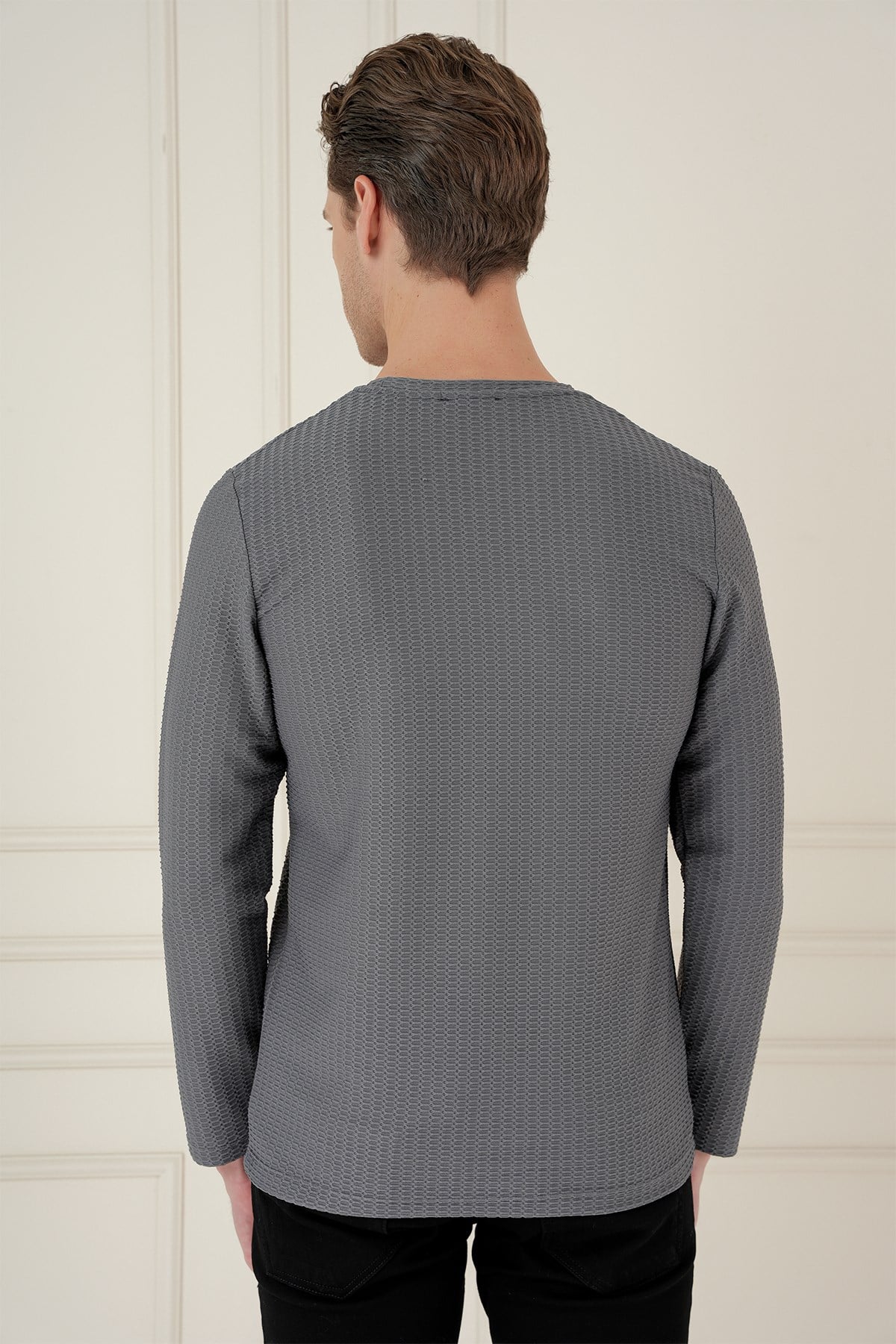 Slim Fit Pamuklu Petek Dokuma Uzun Kollu Polo Yaka Gri Tişört TS 891