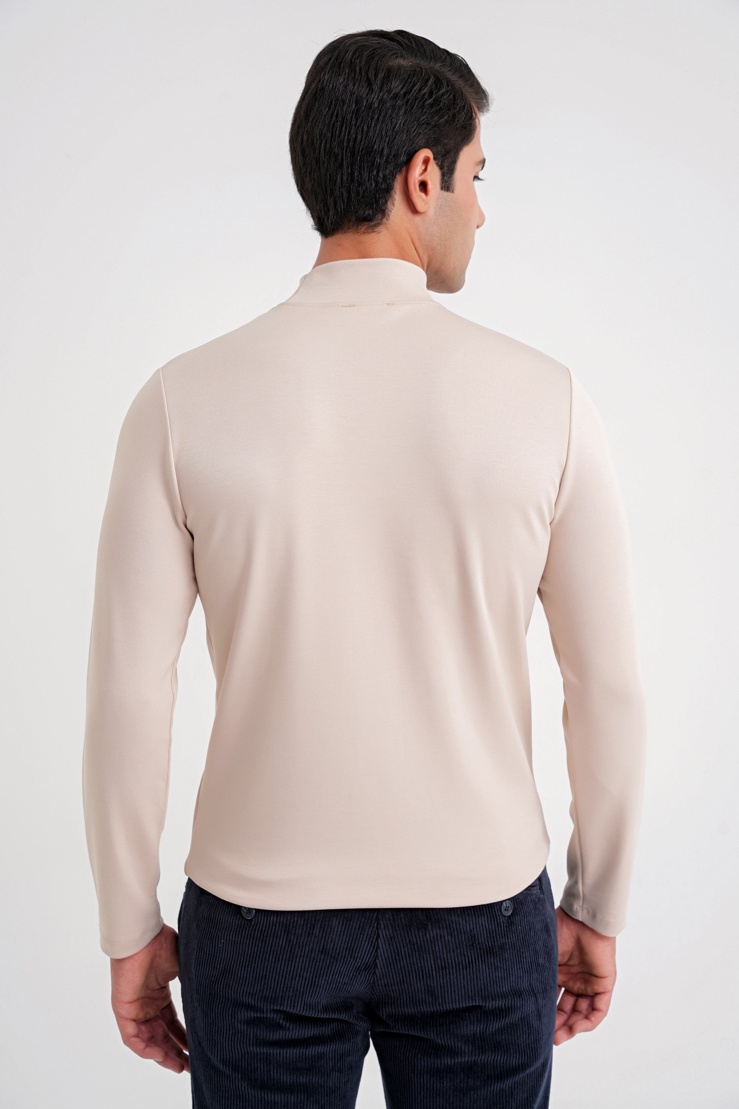Slim Fit Pamuklu Uzun Kollu Bej Yarım Boğazlı Tişört TS 894