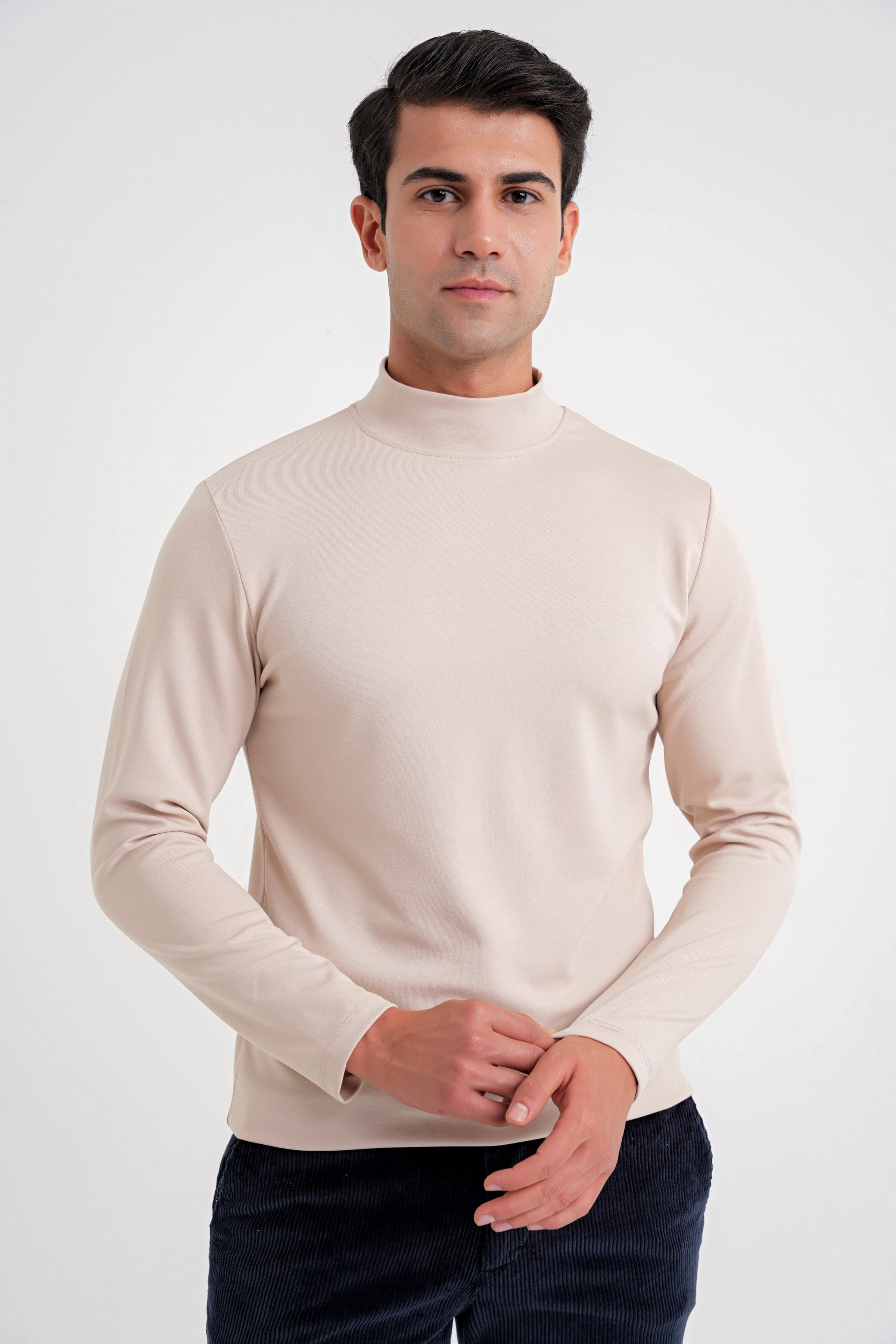 Slim Fit Pamuklu Uzun Kollu Bej Yarım Boğazlı Tişört TS 894
