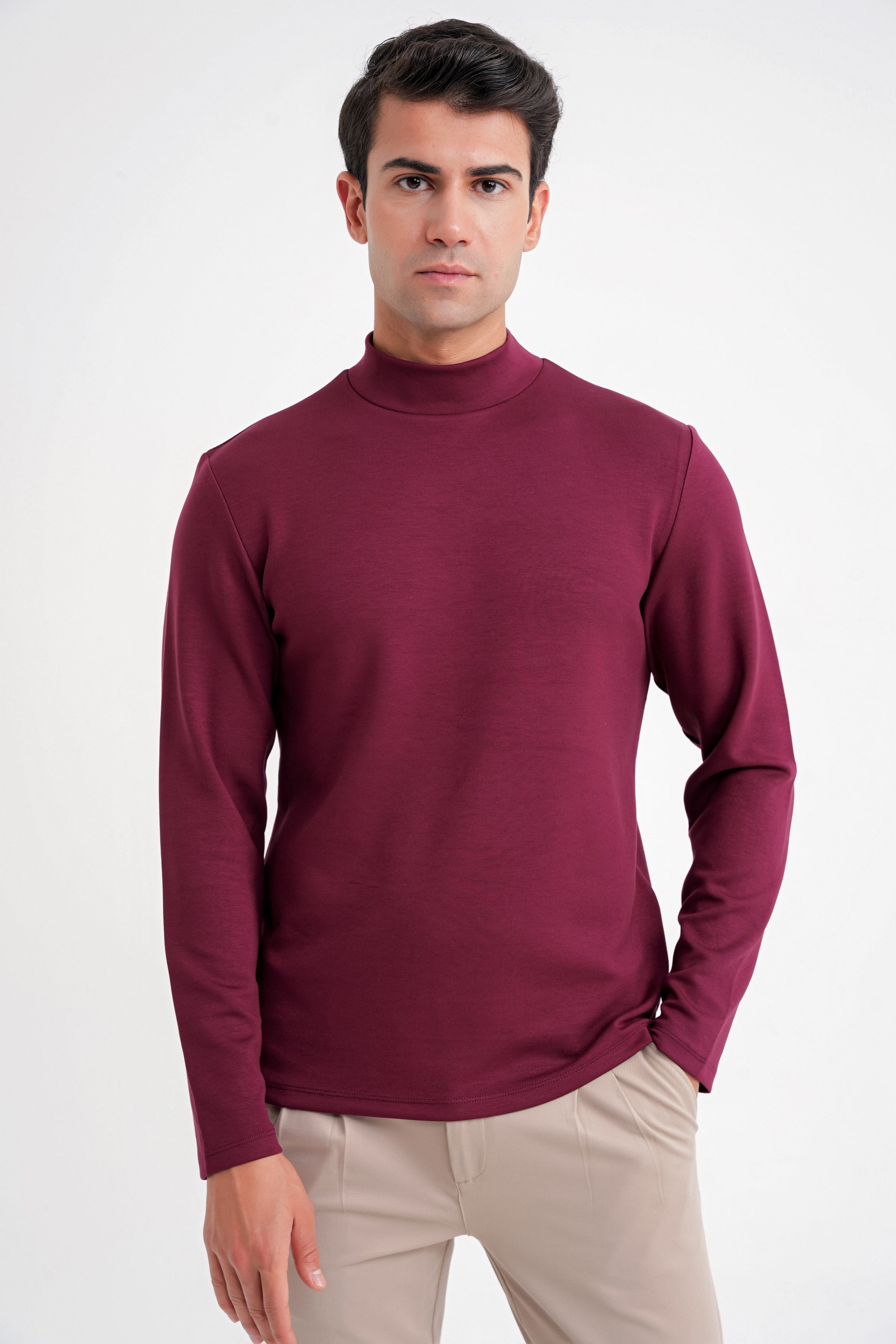 Slim Fit Pamuklu Uzun Kollu Bordo Yarım Boğazlı Tişört TS 894