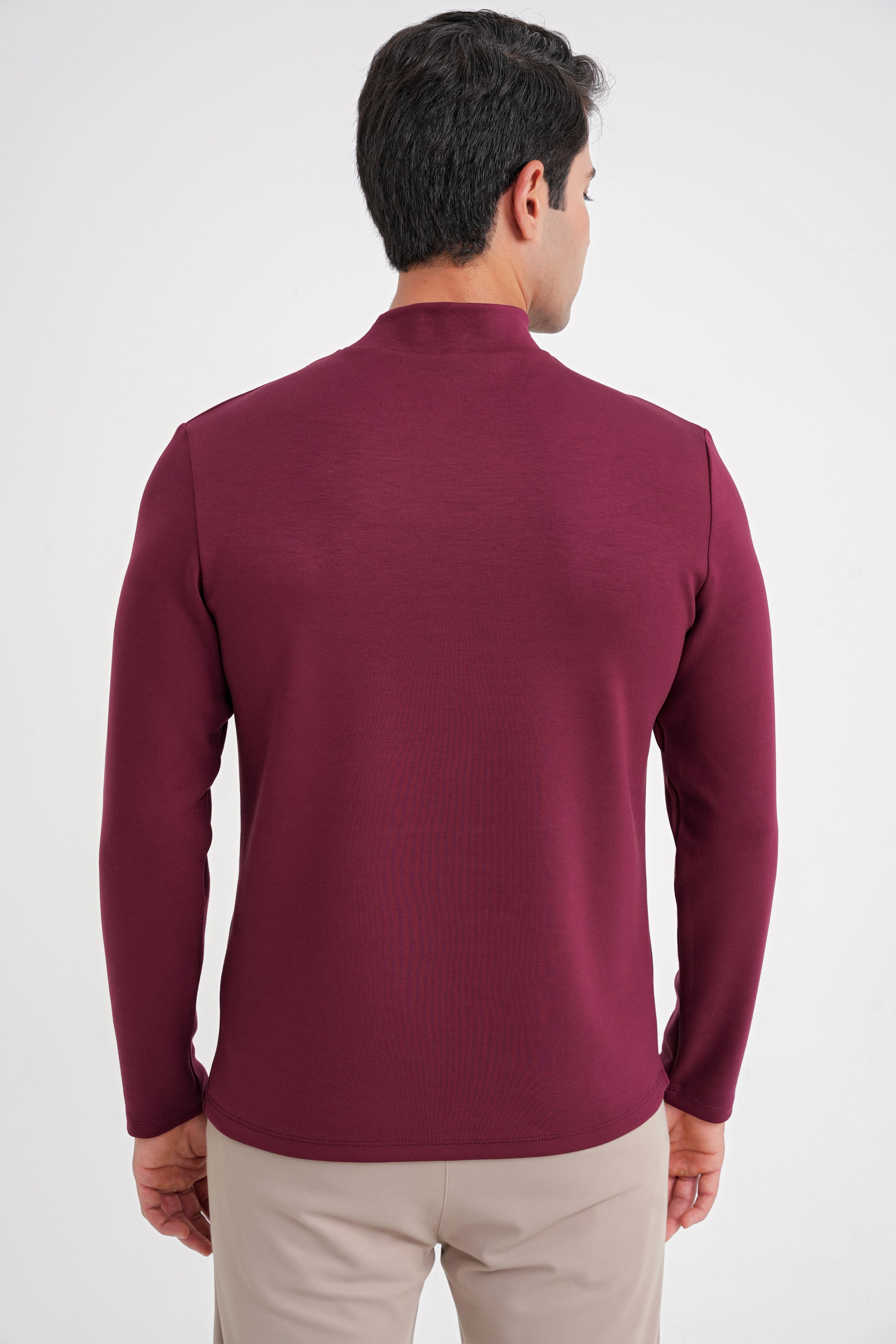 Slim Fit Pamuklu Uzun Kollu Bordo Yarım Boğazlı Tişört TS 894