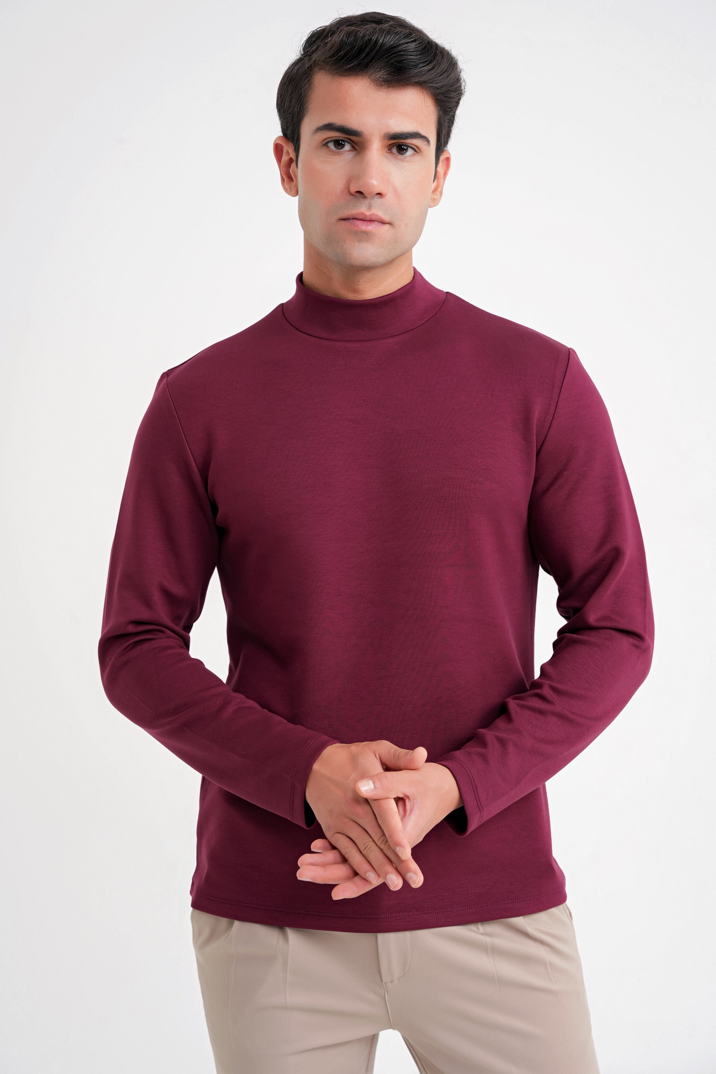 Slim Fit Pamuklu Uzun Kollu Bordo Yarım Boğazlı Tişört TS 894