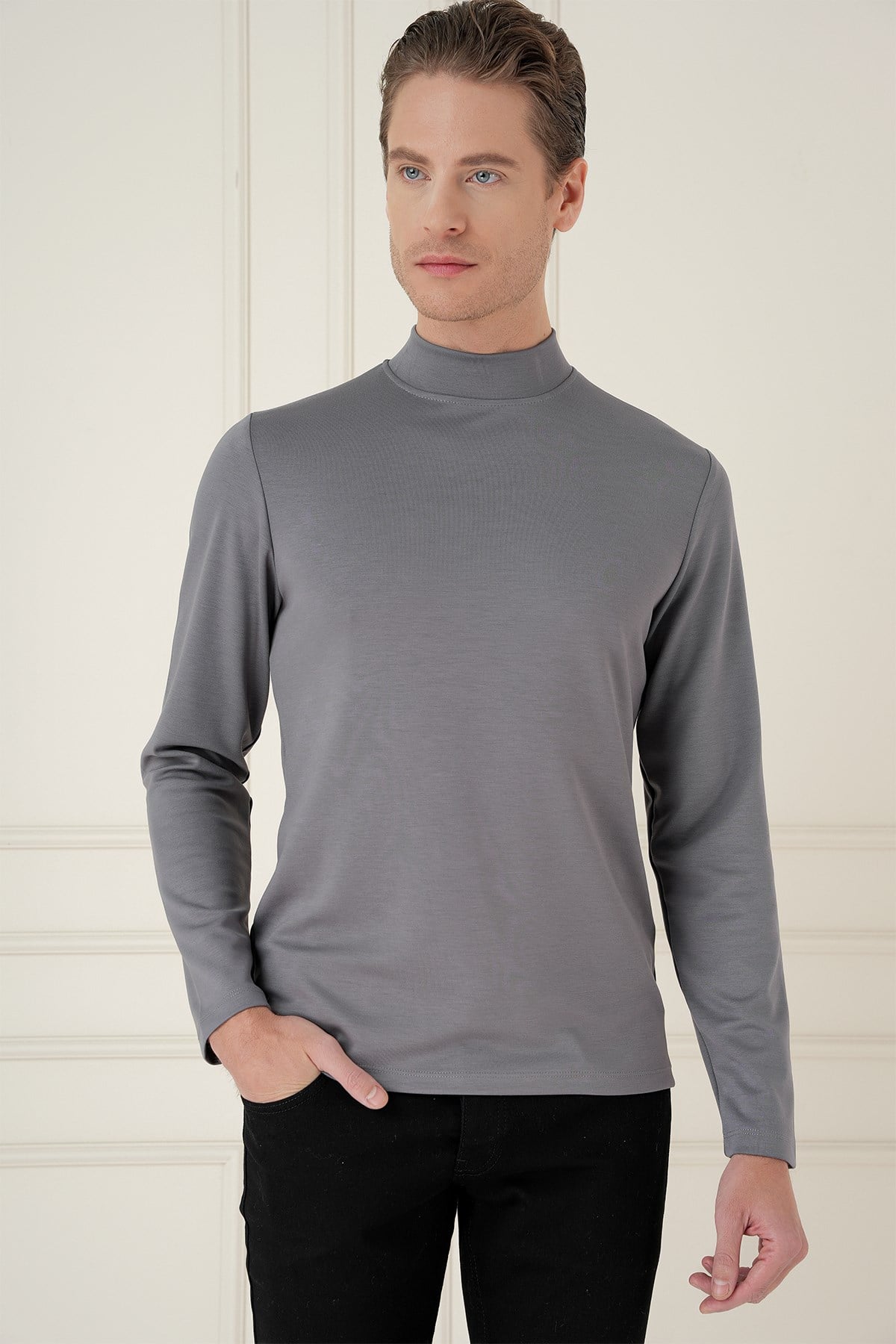 Slim Fit Pamuklu Uzun Kollu Füme Yarım Boğazlı Tişört TS 894