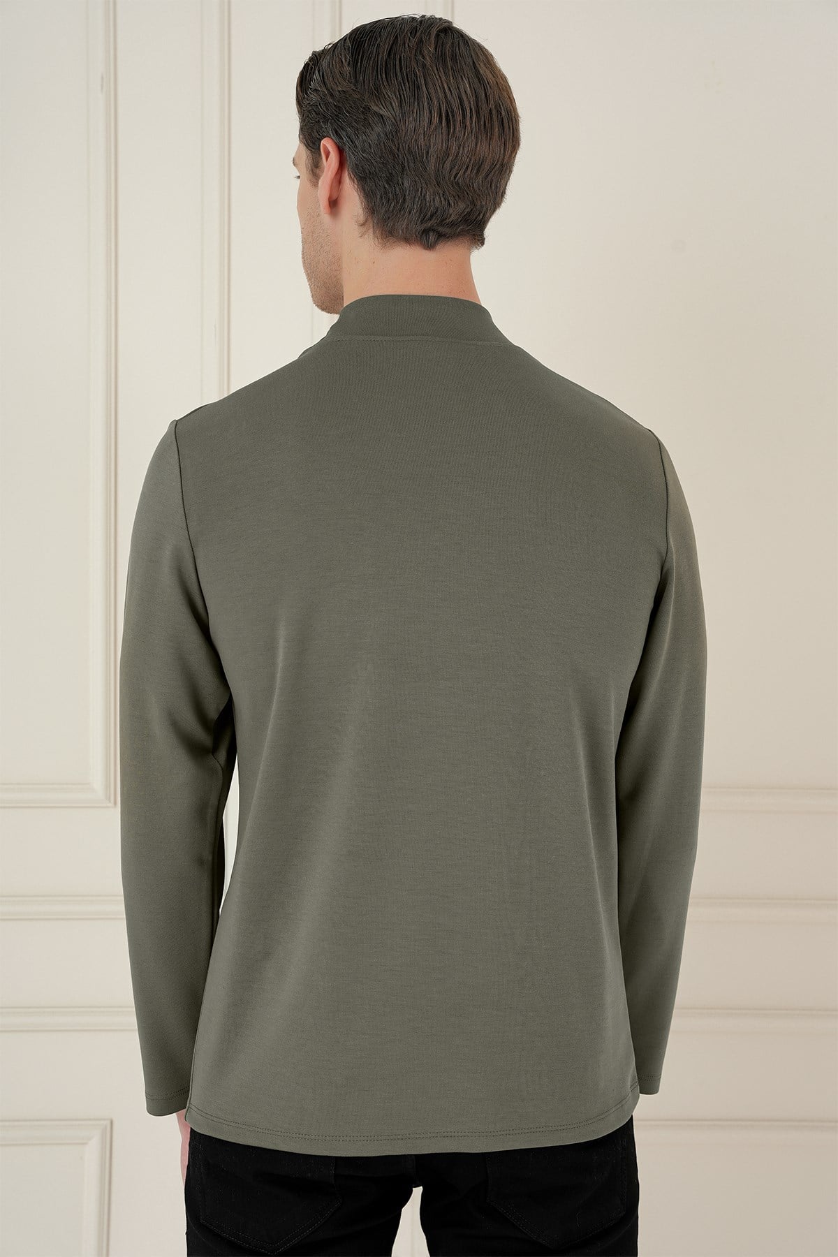 Slim Fit Pamuklu Uzun Kollu Haki Yarım Boğazlı Tişört TS 894