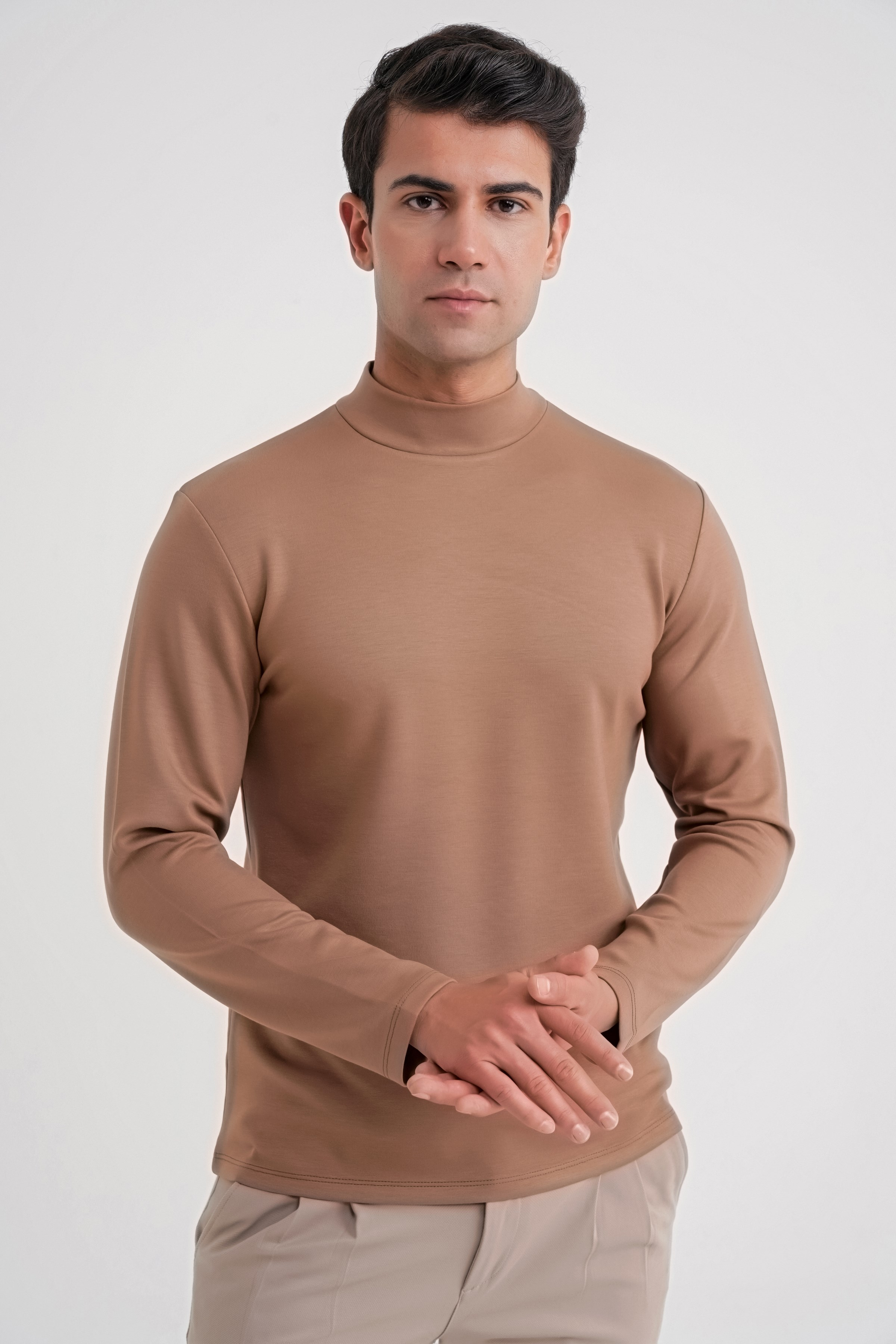 Slim Fit Pamuklu Uzun Kollu Vizon Yarım Boğazlı Tişört TS 894