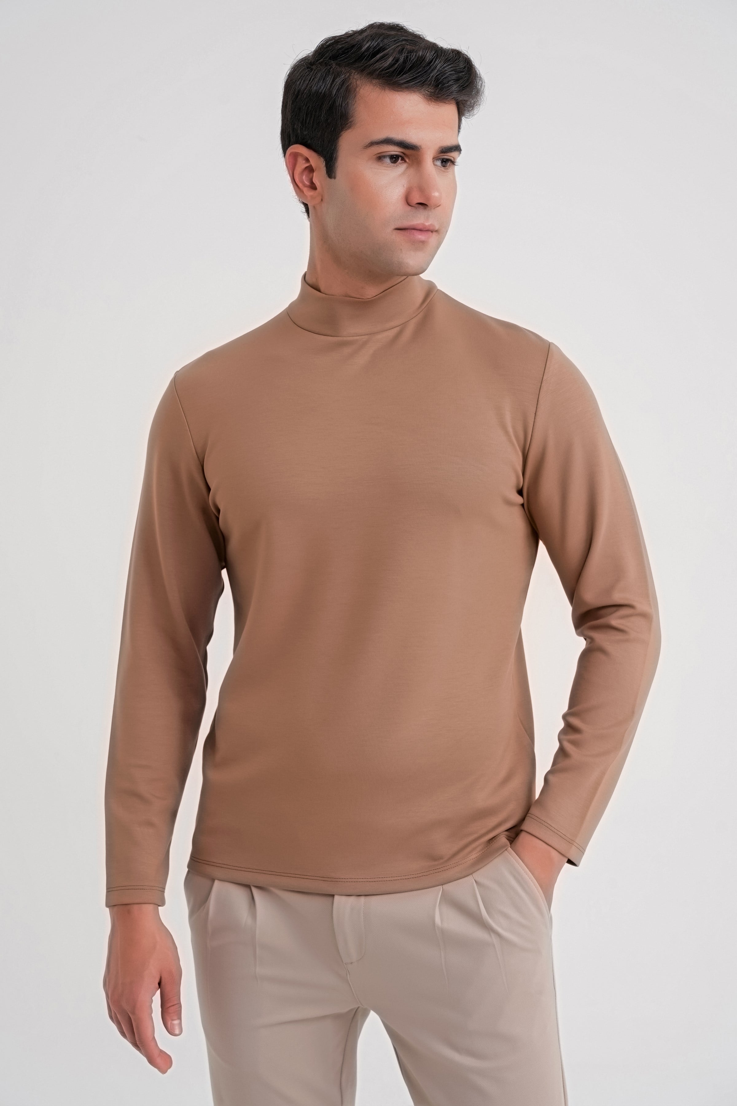 Slim Fit Pamuklu Uzun Kollu Vizon Yarım Boğazlı Tişört TS 894