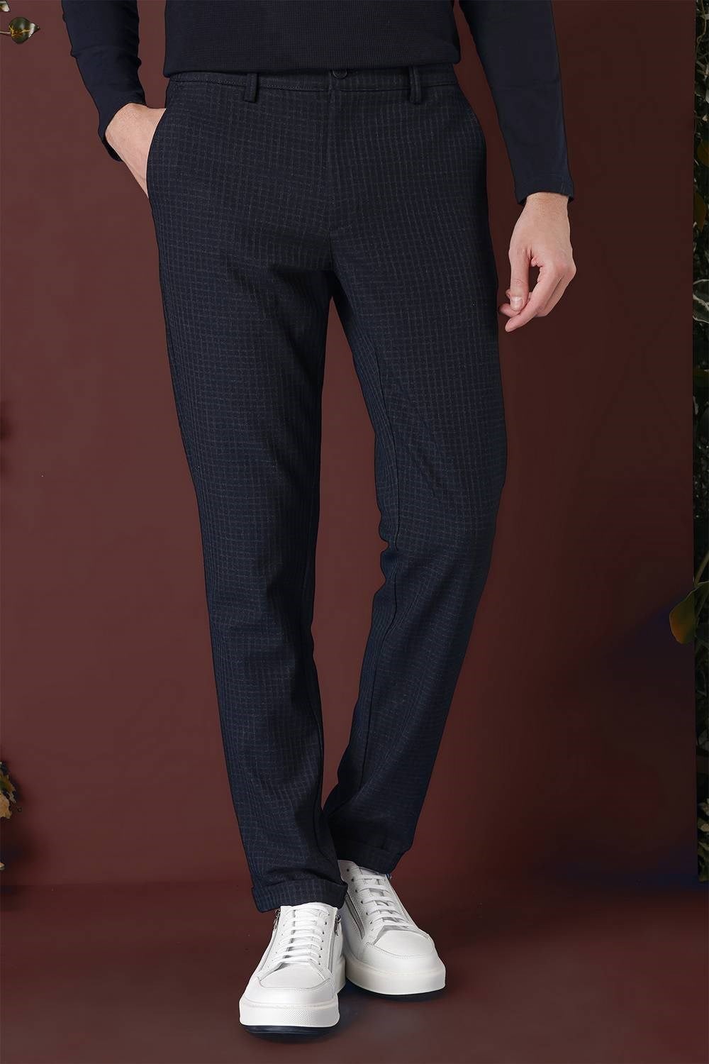 Slim Fit Pileli Beli Lastikli Pötikareli Esnek Pamuk Lacivert Pantolon P 1141