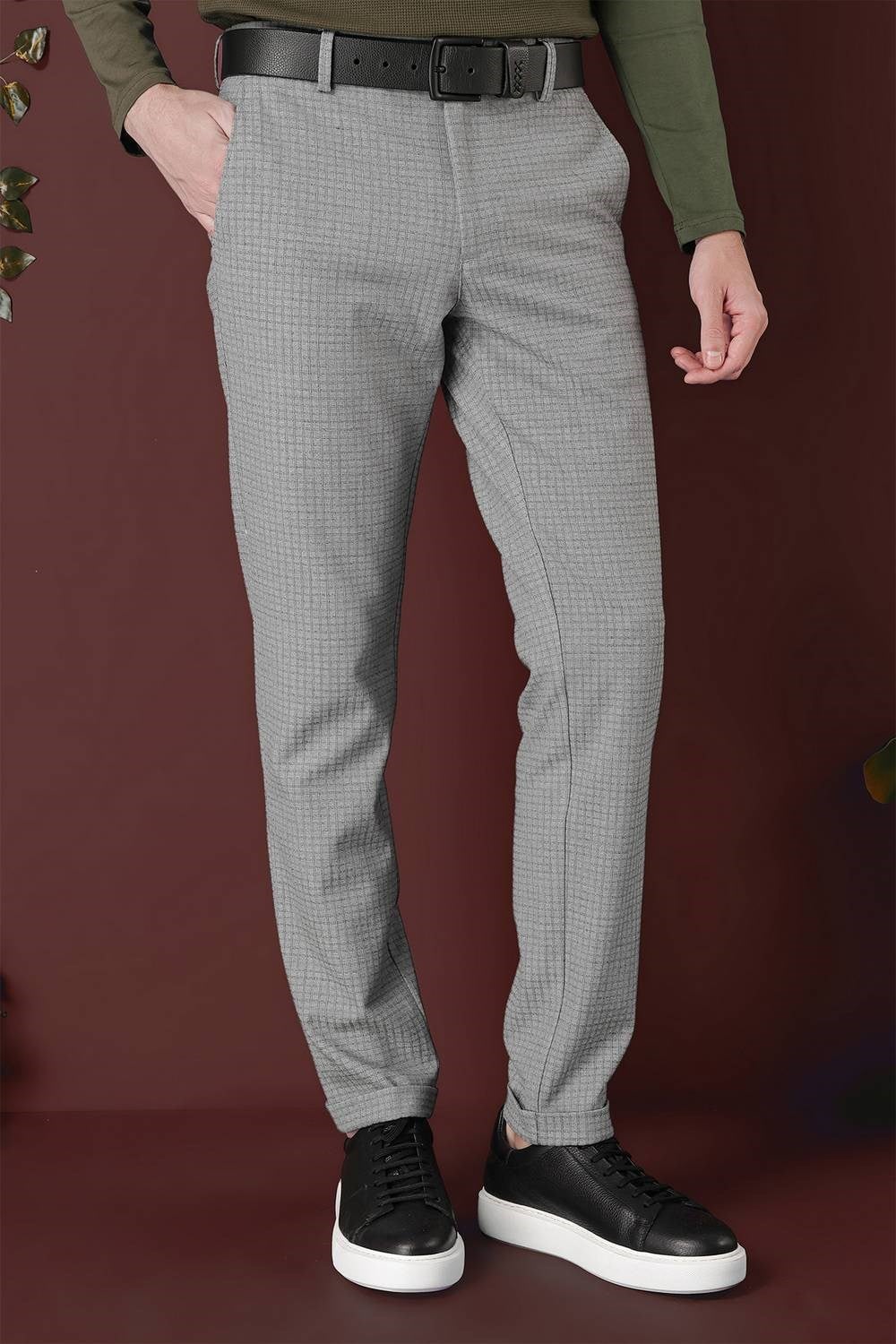 Slim Fit Pileli Beli Lastikli Pötikareli Esnek Pamuk Gri Pantolon P 1141