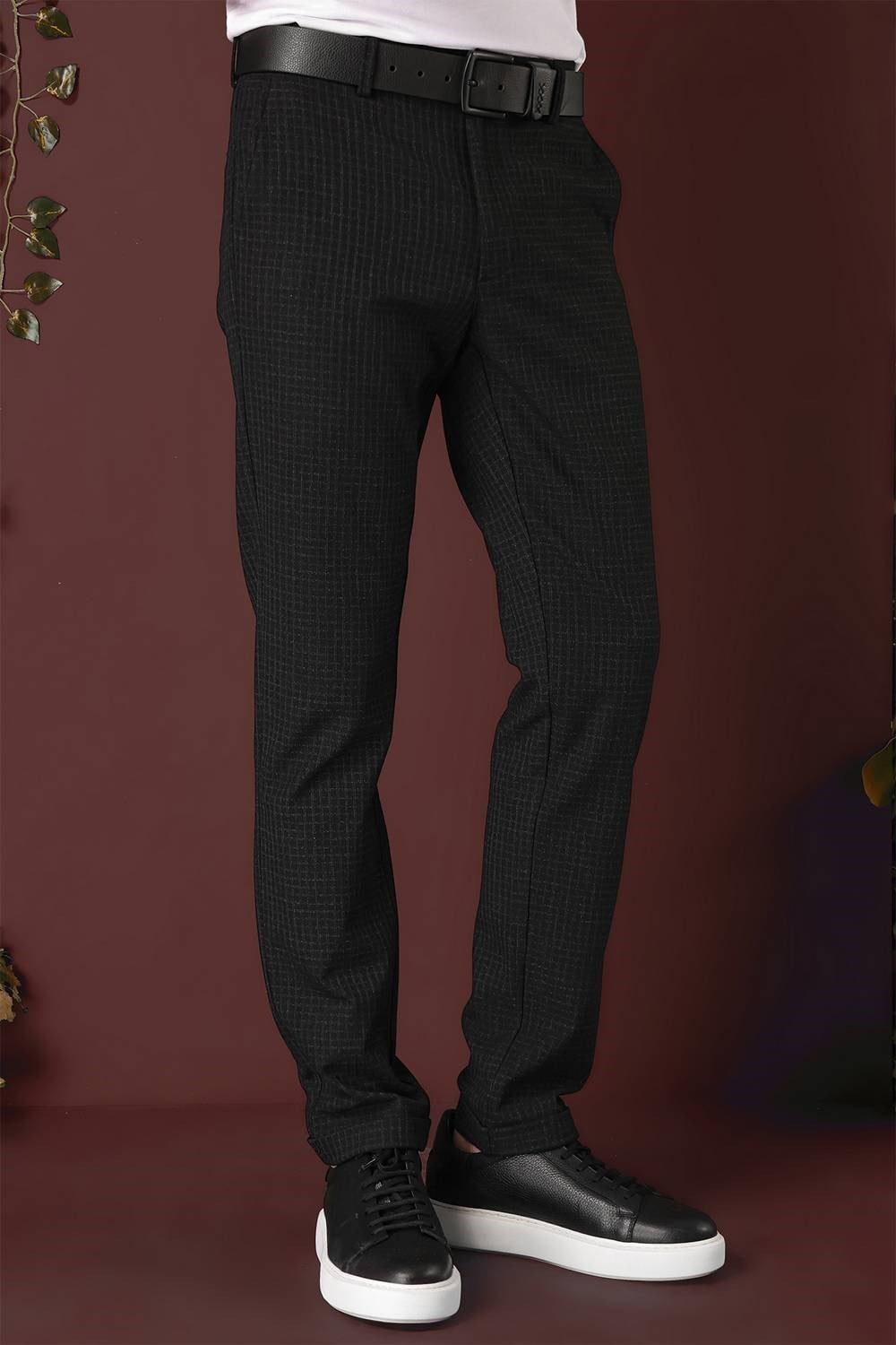 Slim Fit Pileli Beli Lastikli Pötikareli Esnek Pamuk Siyah Pantolon P 1141