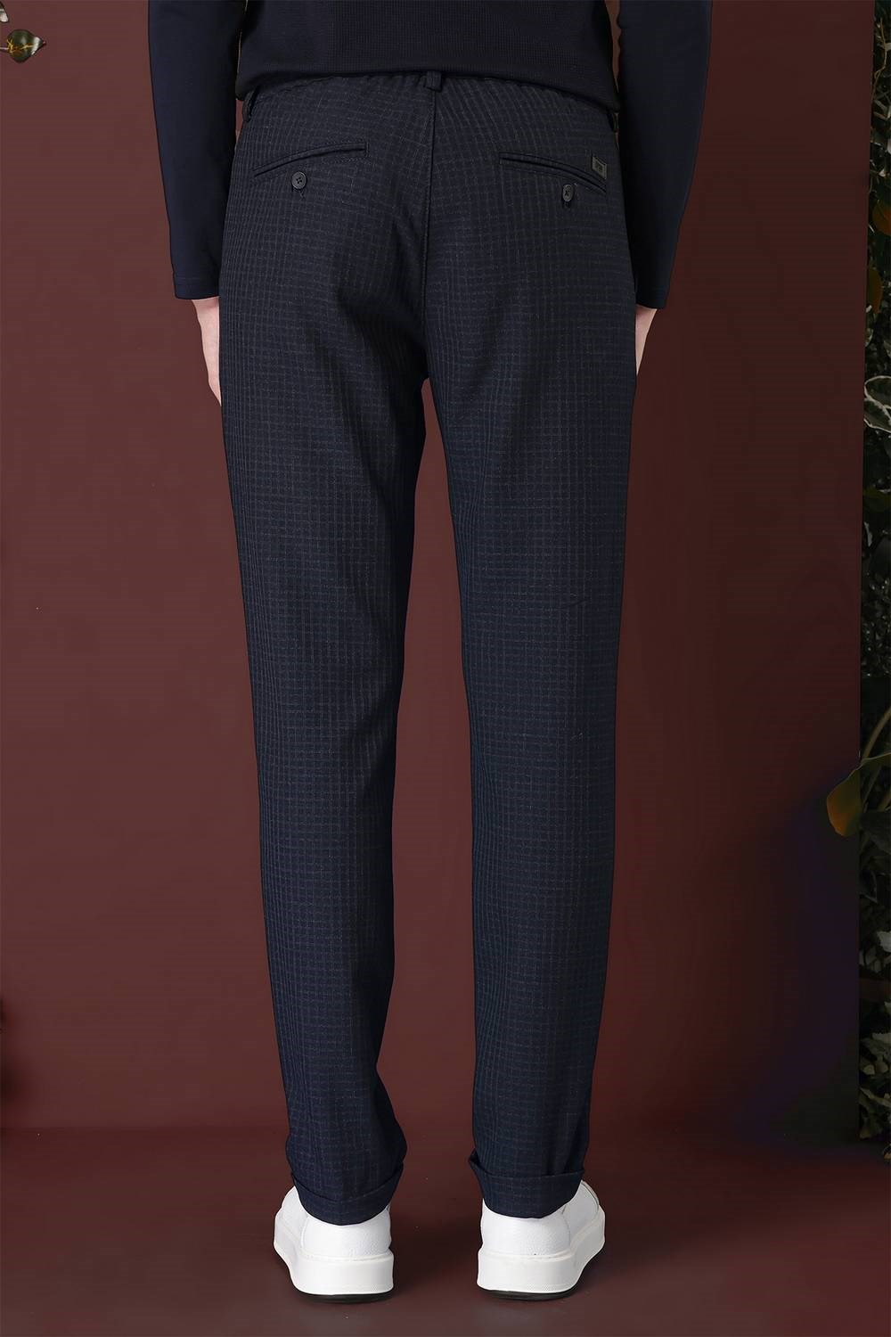 Slim Fit Pileli Beli Lastikli Pötikareli Esnek Pamuk Lacivert Pantolon P 1141