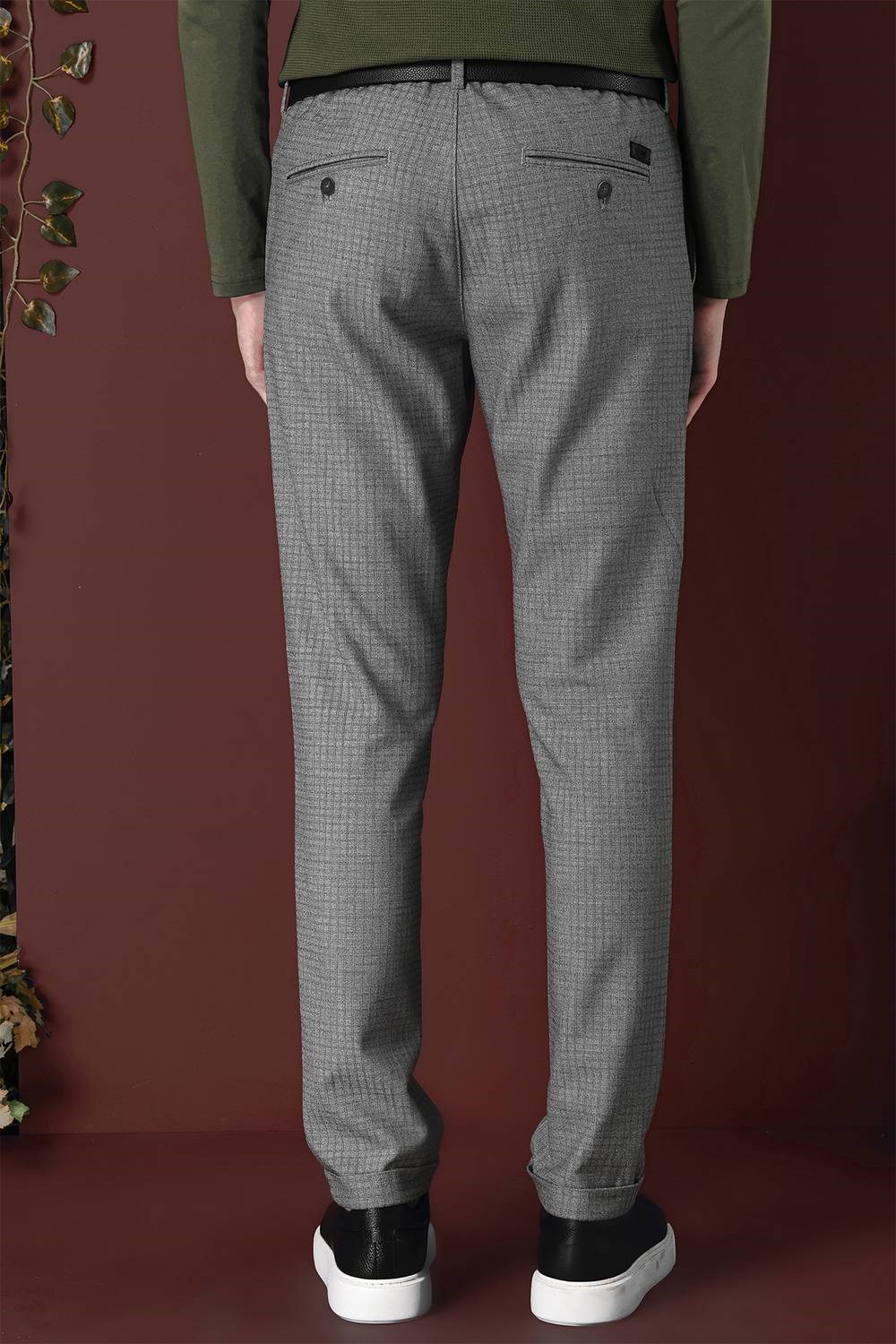 Slim Fit Pileli Beli Lastikli Pötikareli Esnek Pamuk Gri Pantolon P 1141
