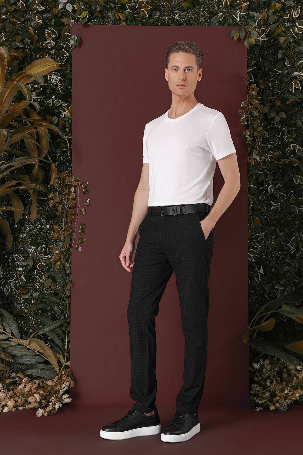 Slim Fit Pileli Beli Lastikli Pötikareli Esnek Pamuk Siyah Pantolon P 1141