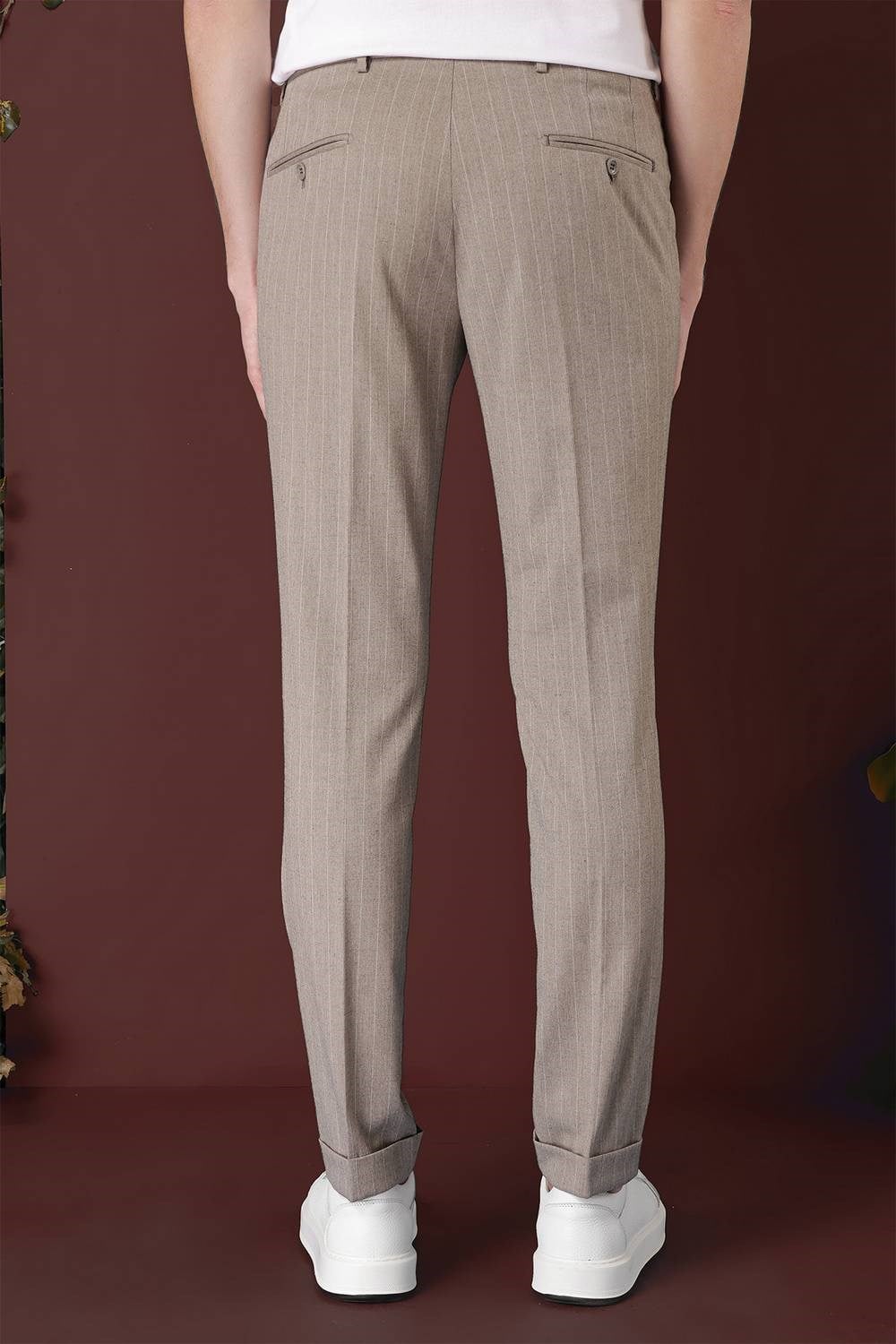 Slim Fit Pileli Esnek Yünlü Çizgili Bej Kumaş Pantolon P 1133