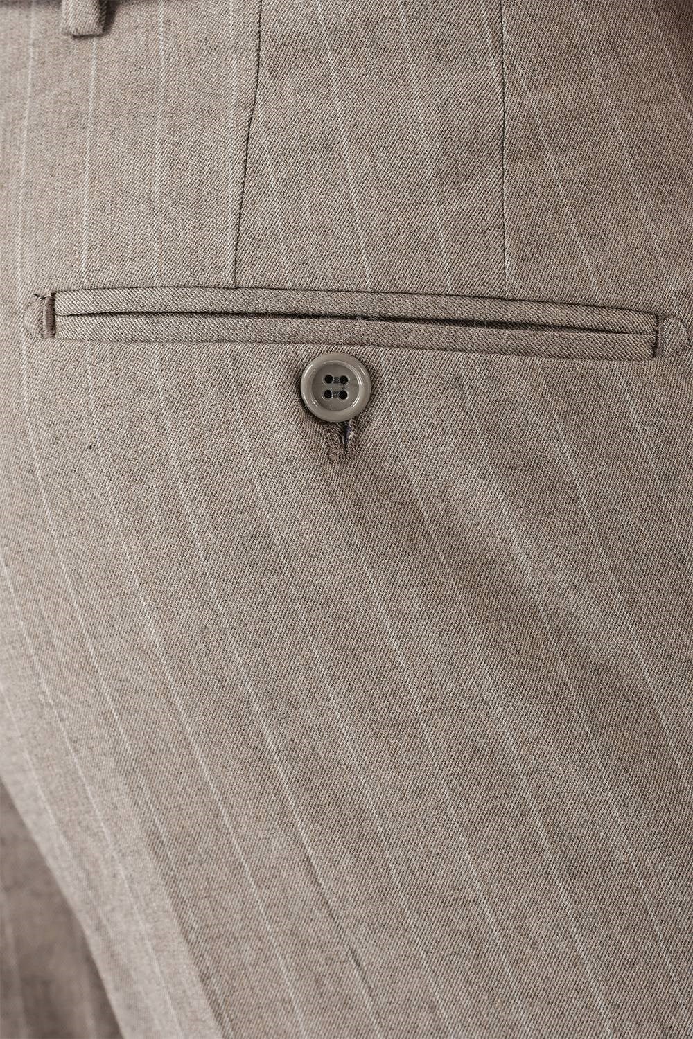Slim Fit Pileli Esnek Yünlü Çizgili Bej Kumaş Pantolon P 1133