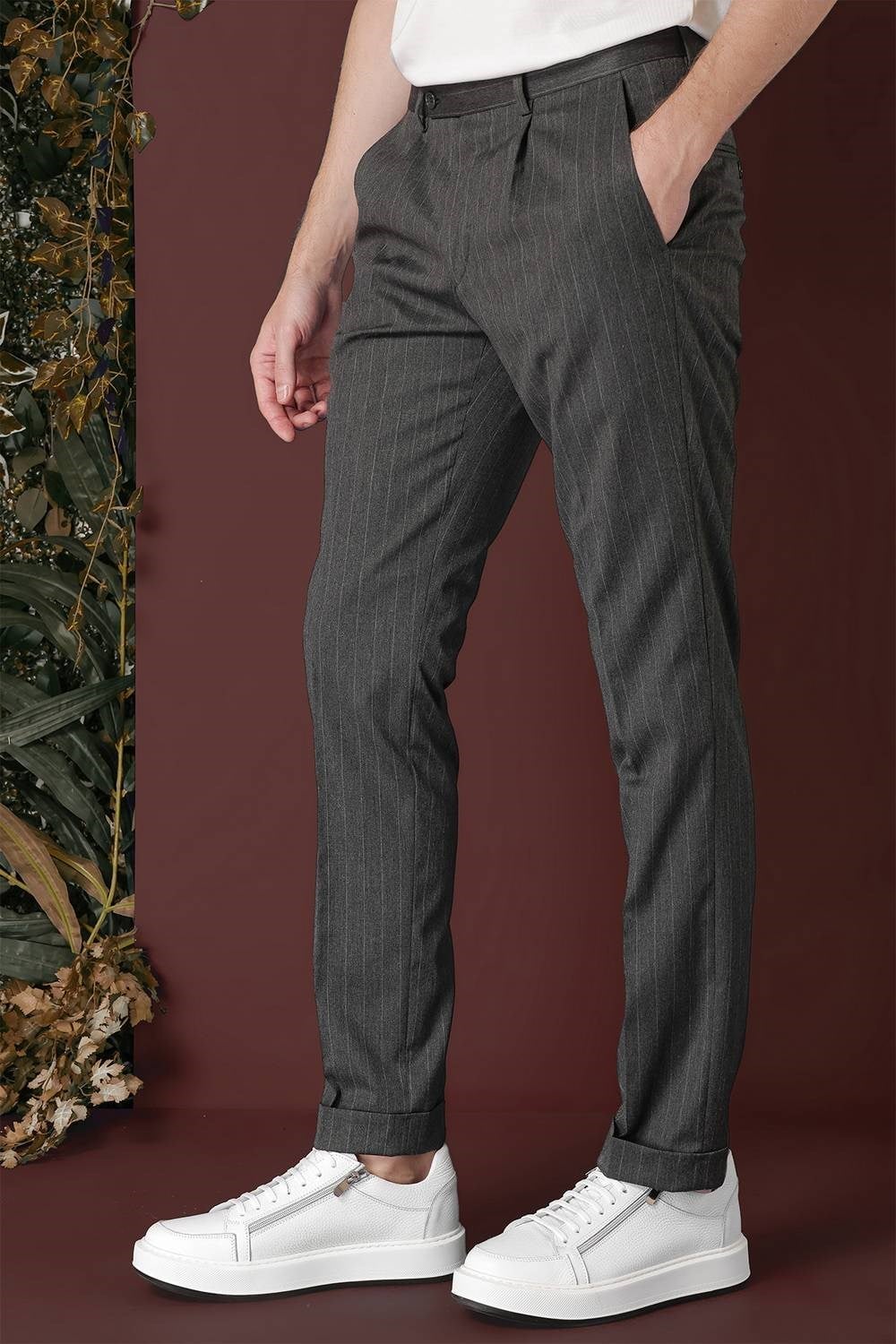 Slim Fit Pileli Esnek Yünlü Çizgili Füme Kumaş Pantolon P 1133