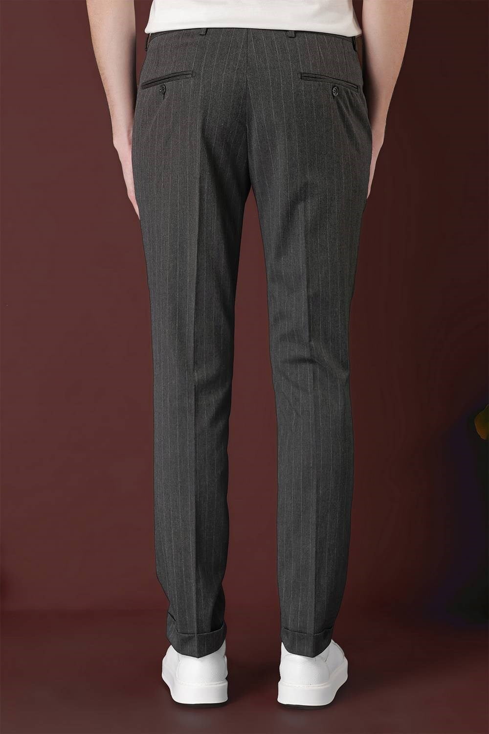 Slim Fit Pileli Esnek Yünlü Çizgili Füme Kumaş Pantolon P 1133
