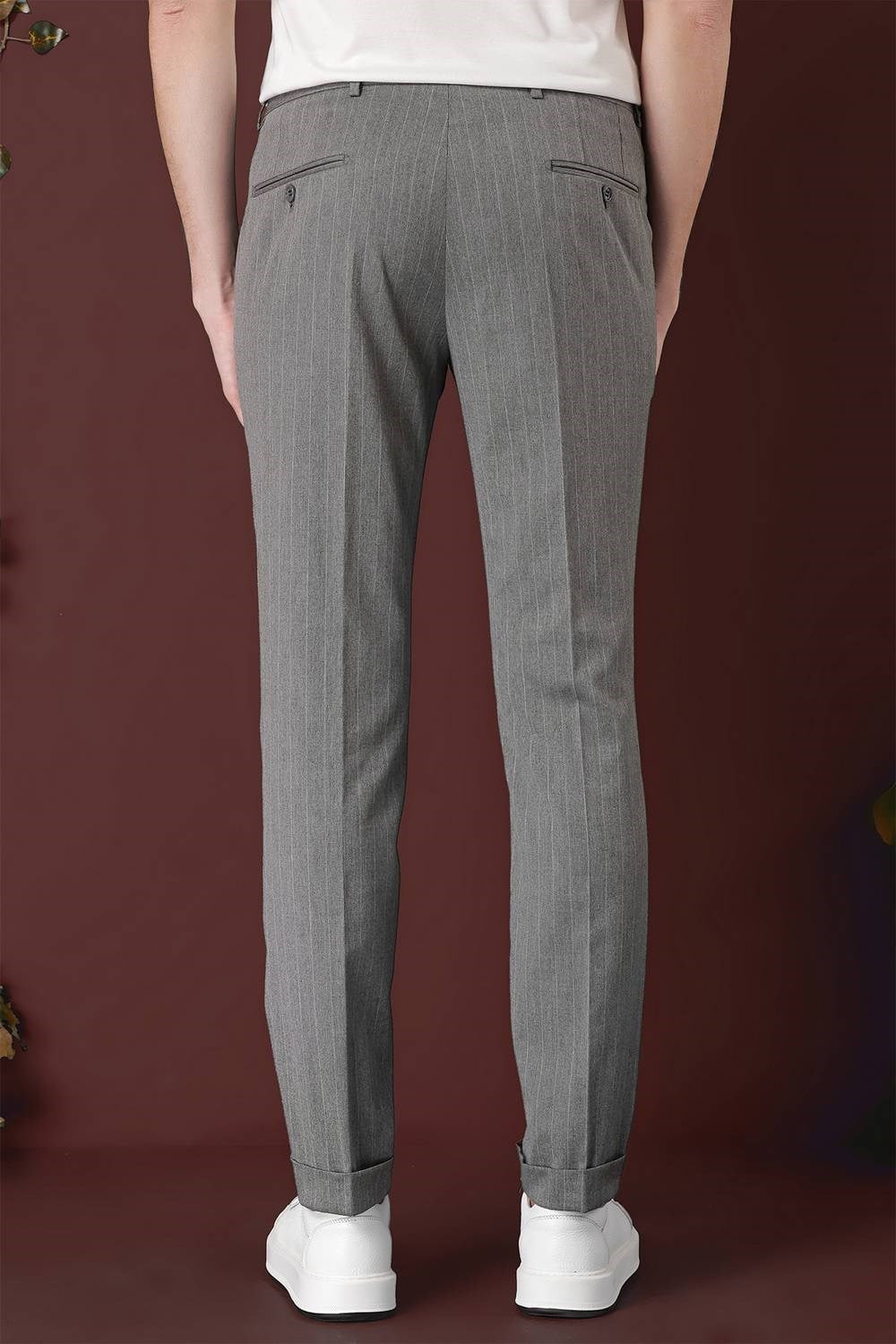 Slim Fit Pileli Esnek Yünlü Çizgili Gri Kumaş Pantolon P 1133
