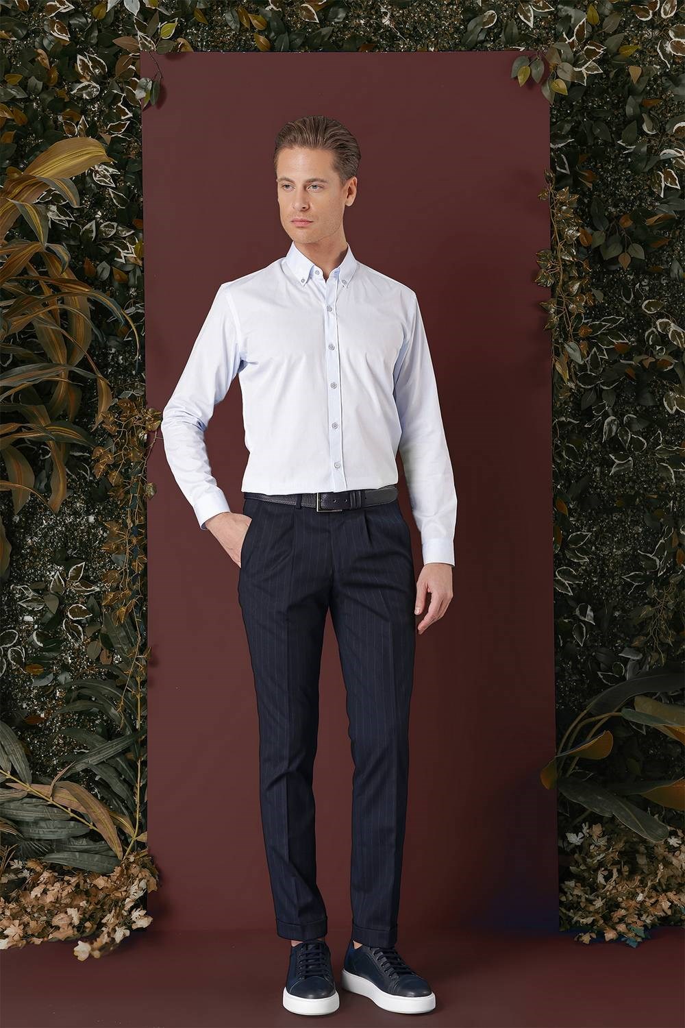 Slim Fit Pileli Esnek Yünlü Çizgili Lacivert Kumaş Pantolon P 1133
