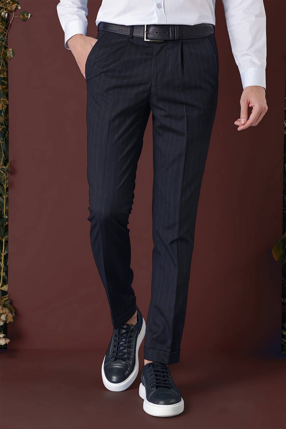 Slim Fit Pileli Esnek Yünlü Çizgili Lacivert Kumaş Pantolon P 1133