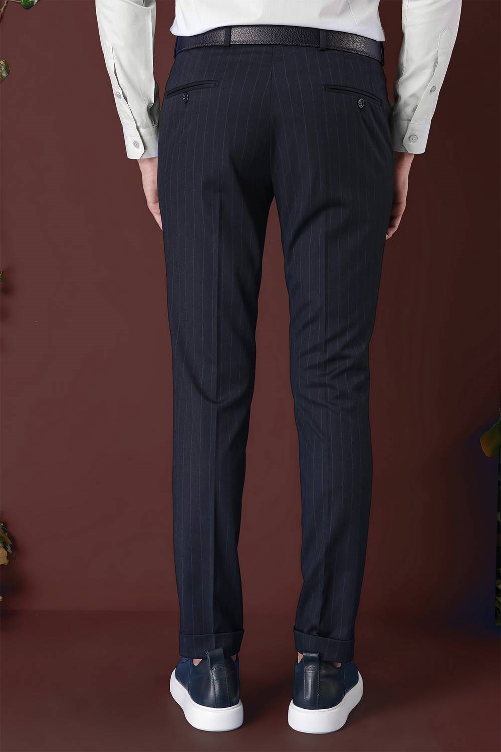Slim Fit Pileli Esnek Yünlü Çizgili Lacivert Kumaş Pantolon P 1133