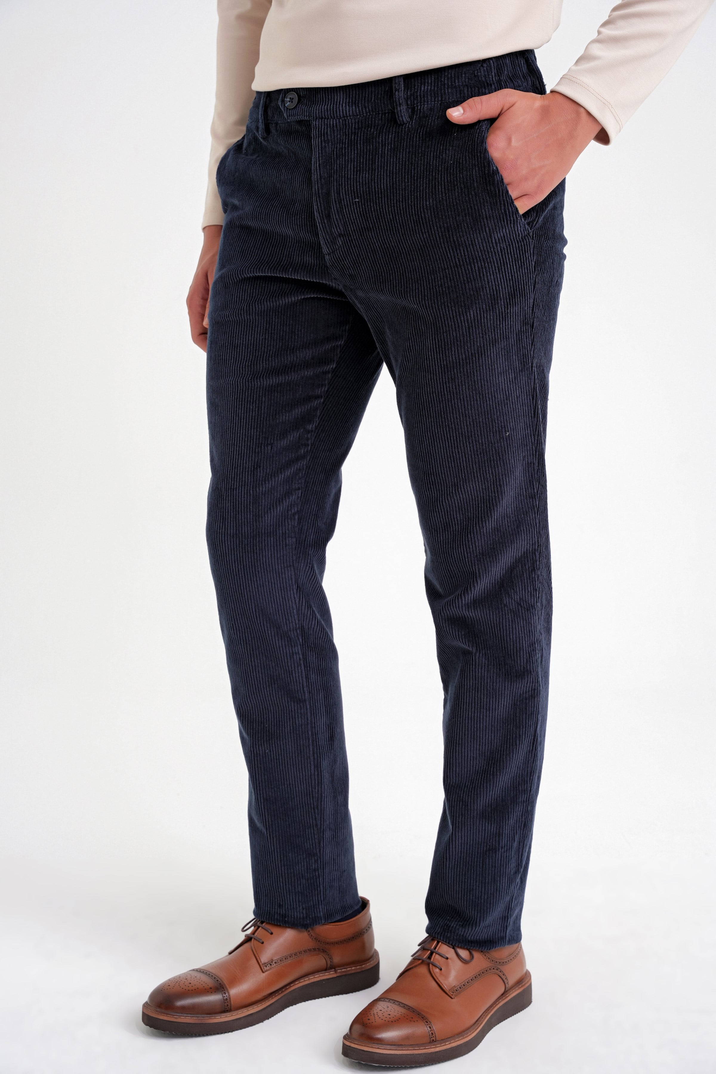 Slim Fit Pilesiz Esnek Pamuklu Lacivert Fitilli Kadife Pantolon P 1199