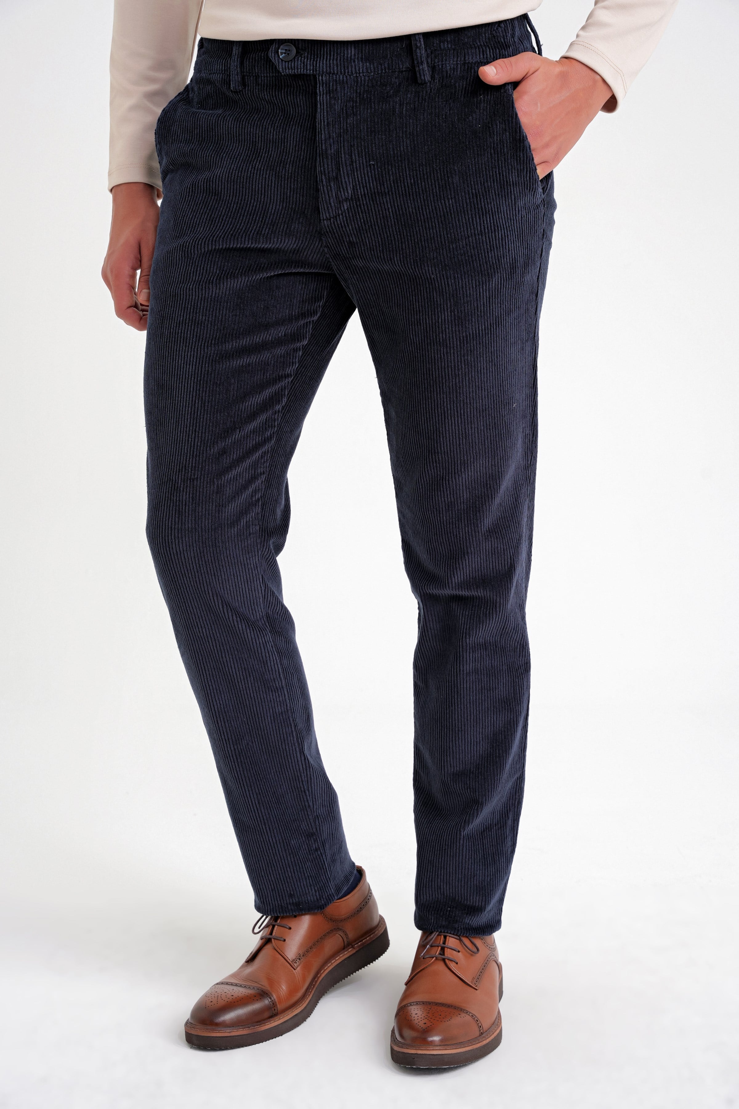 Slim Fit Pilesiz Esnek Pamuklu Lacivert Fitilli Kadife Pantolon P 1199