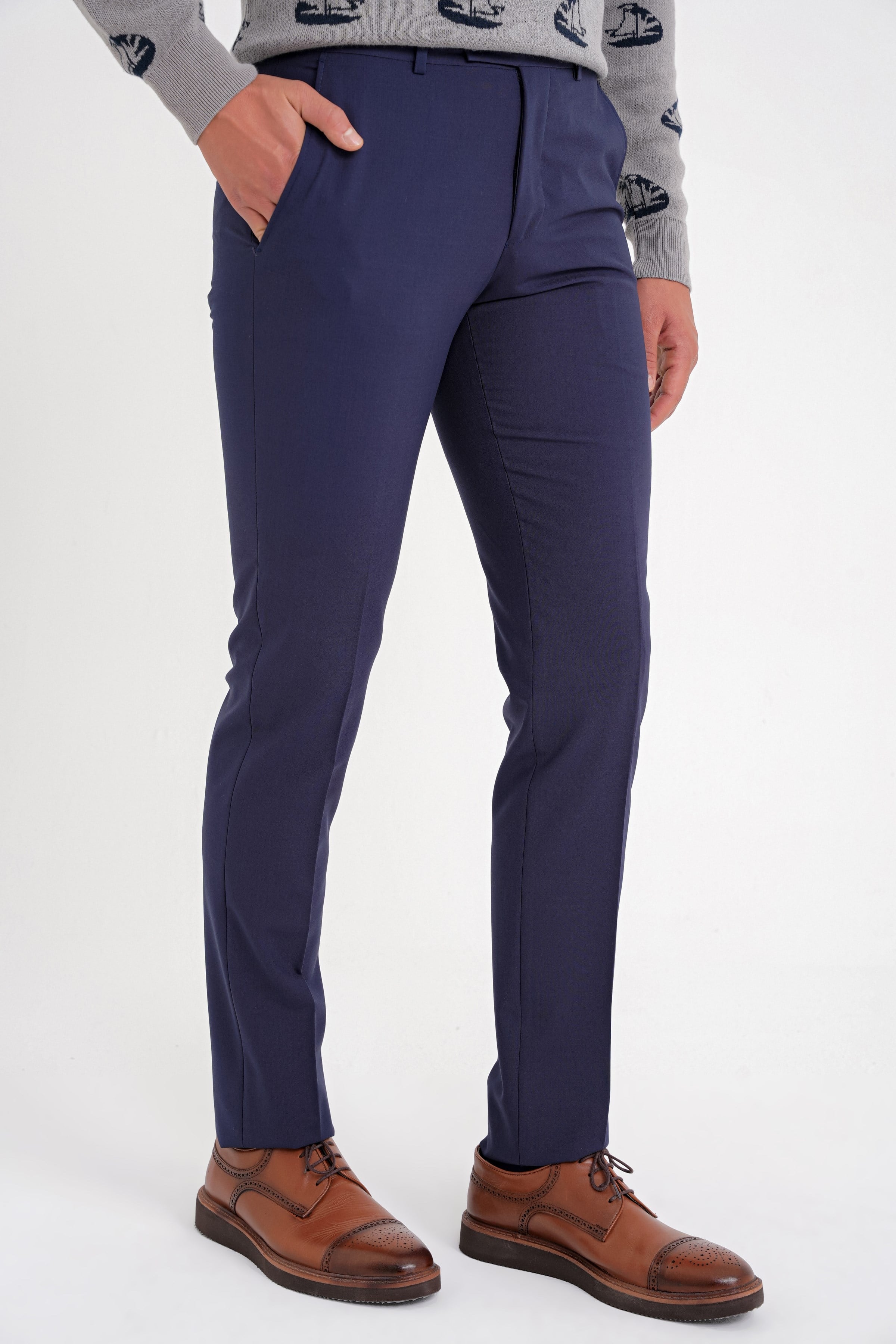 Slim Fit Pilesiz Yan Cepli Esnek Yün Lacivert Kumaş Pantolon P 1091