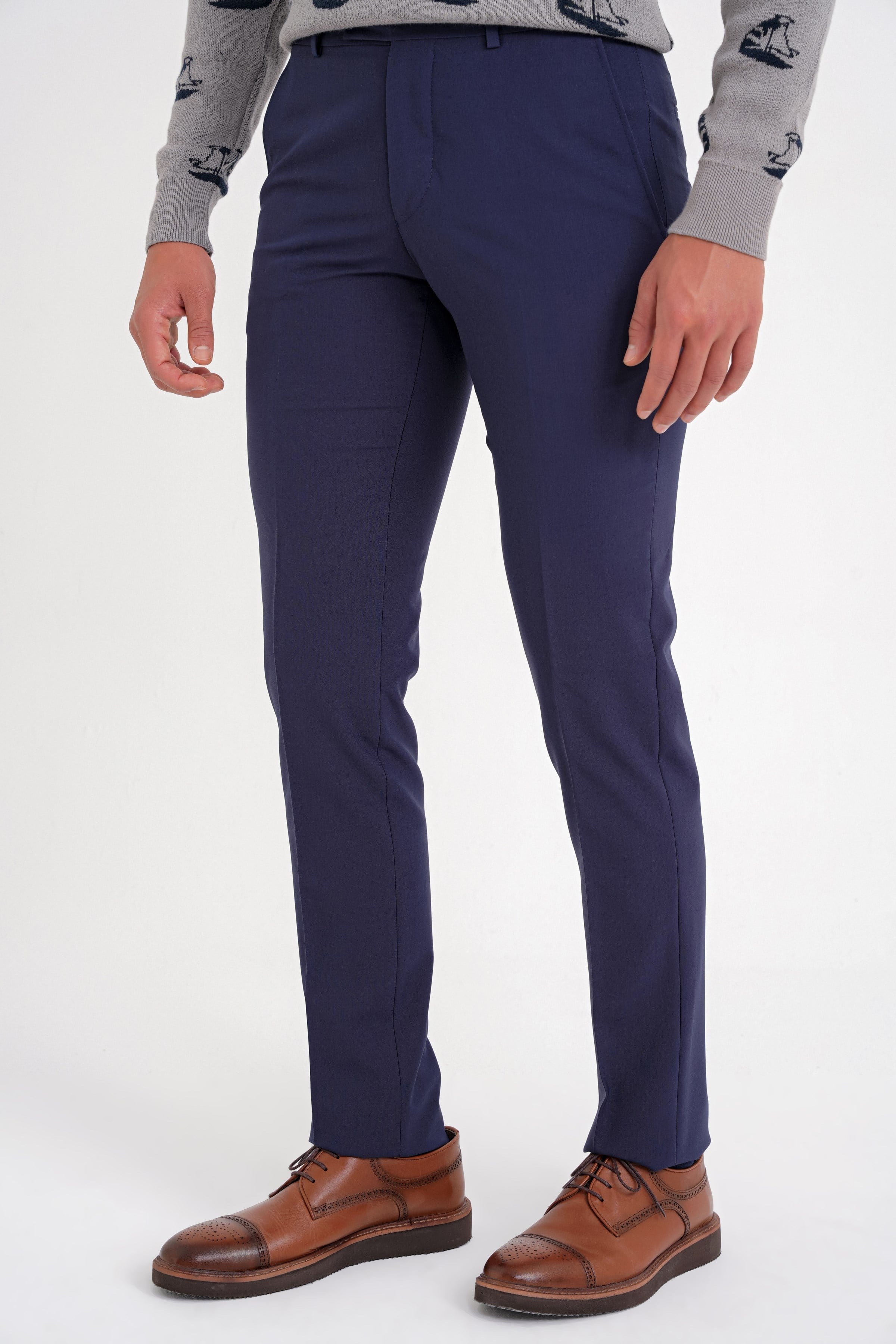 Slim Fit Pilesiz Yan Cepli Esnek Yün Lacivert Kumaş Pantolon P 1091