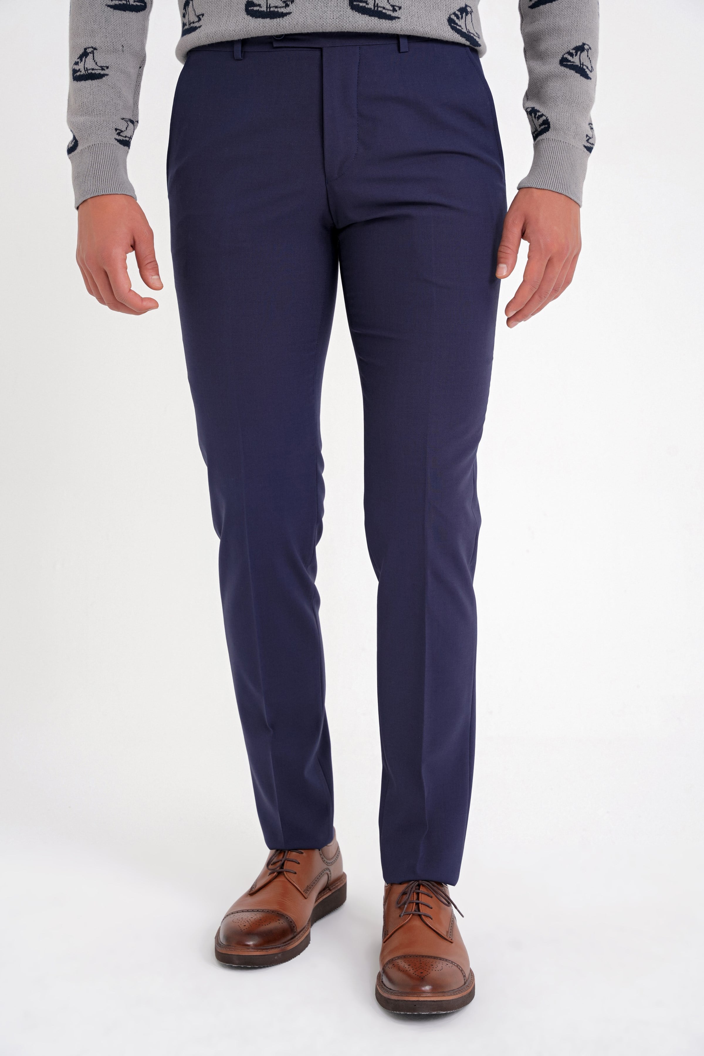 Slim Fit Pilesiz Yan Cepli Esnek Yün Lacivert Kumaş Pantolon P 1091