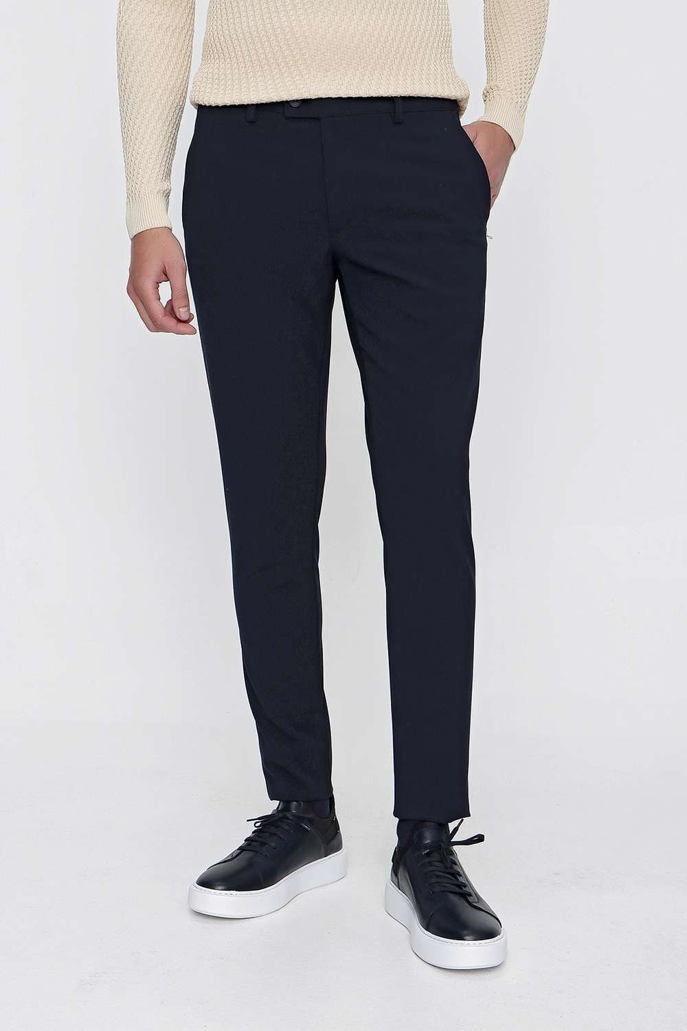 Slim Fit Pilesiz Yan Cepli Esnek Yünlü Lacivert Chino Pantolon P 1102