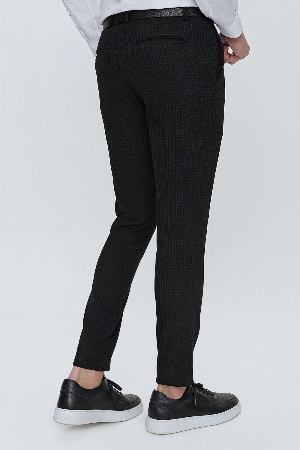 Slim Fit Pilesiz Yan Cepli Pötikareli Esnek Pamuk Siyah Pantolon P 1103