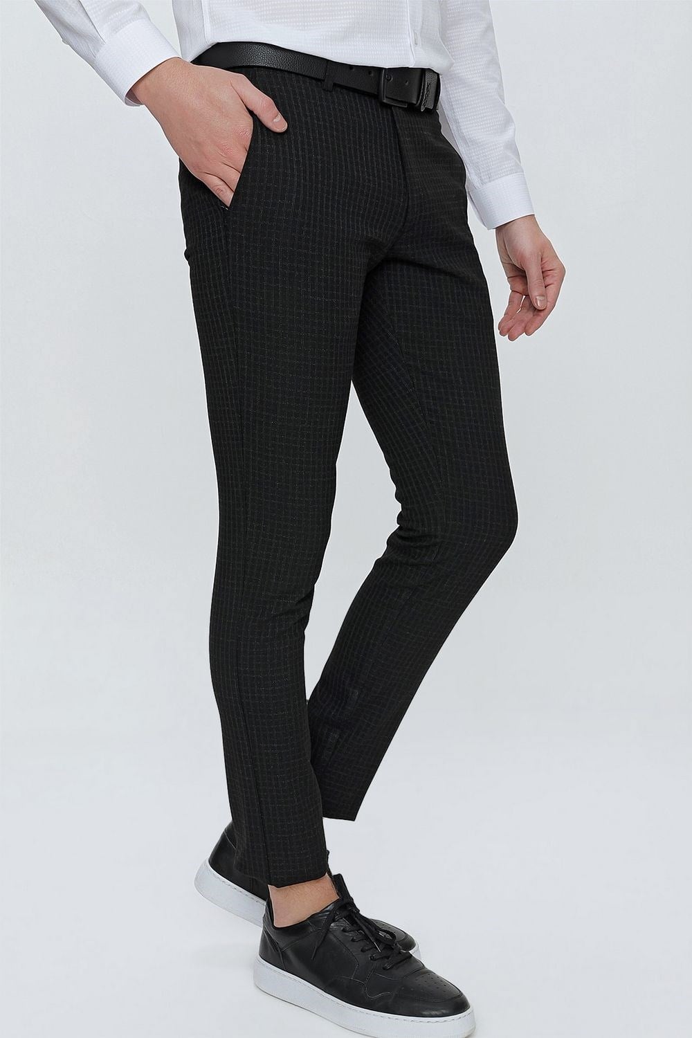 Slim Fit Pilesiz Yan Cepli Pötikareli Esnek Pamuk Siyah Pantolon P 1103