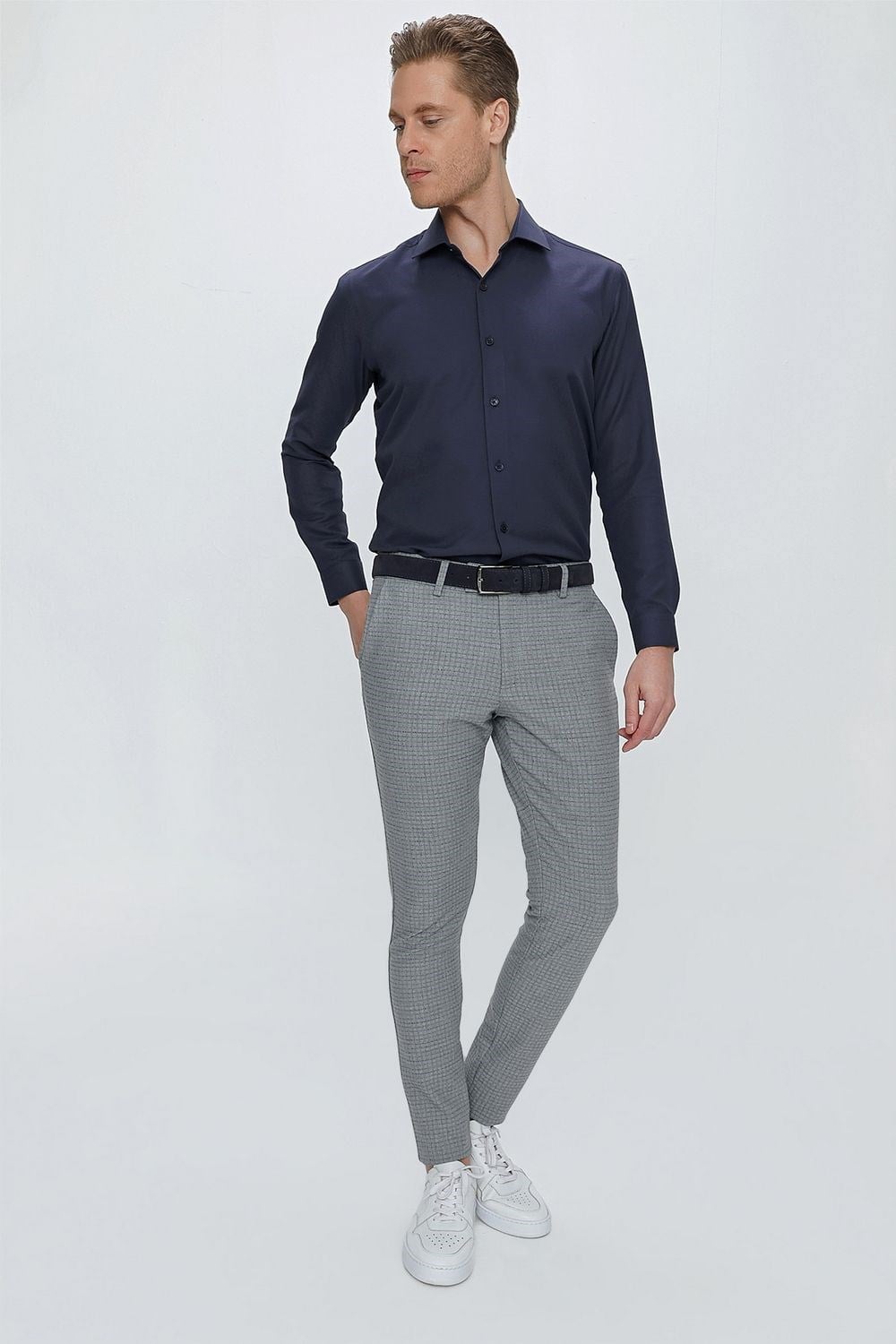 Slim Fit Pilesiz Yan Cepli Pötikareli Esnek Pamuk Gri Pantolon P 1103