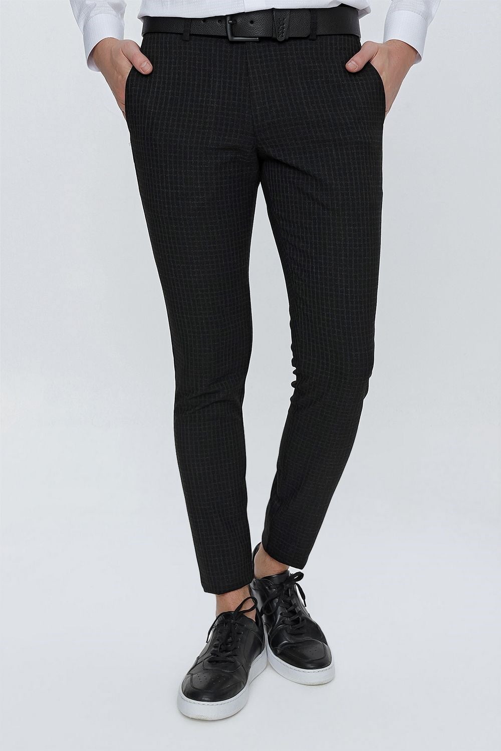 Slim Fit Pilesiz Yan Cepli Pötikareli Esnek Pamuk Siyah Pantolon P 1103