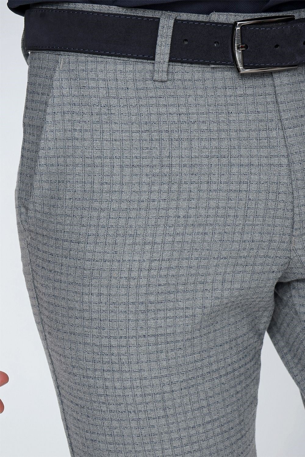 Slim Fit Pilesiz Yan Cepli Pötikareli Esnek Pamuk Gri Pantolon P 1103