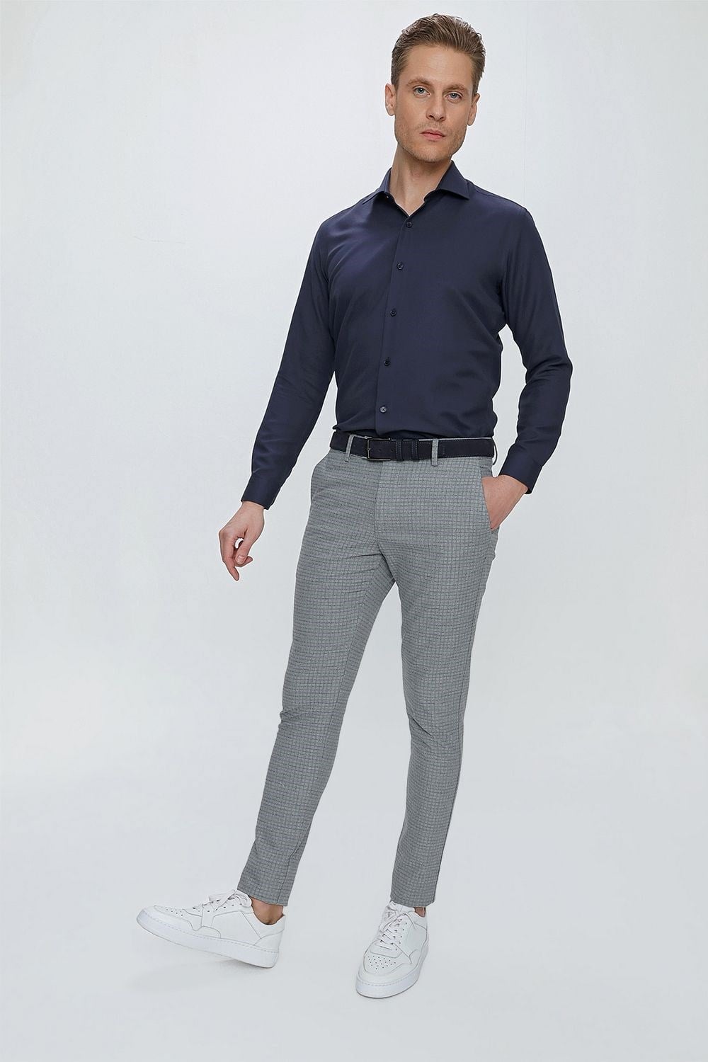 Slim Fit Pilesiz Yan Cepli Pötikareli Esnek Pamuk Gri Pantolon P 1103